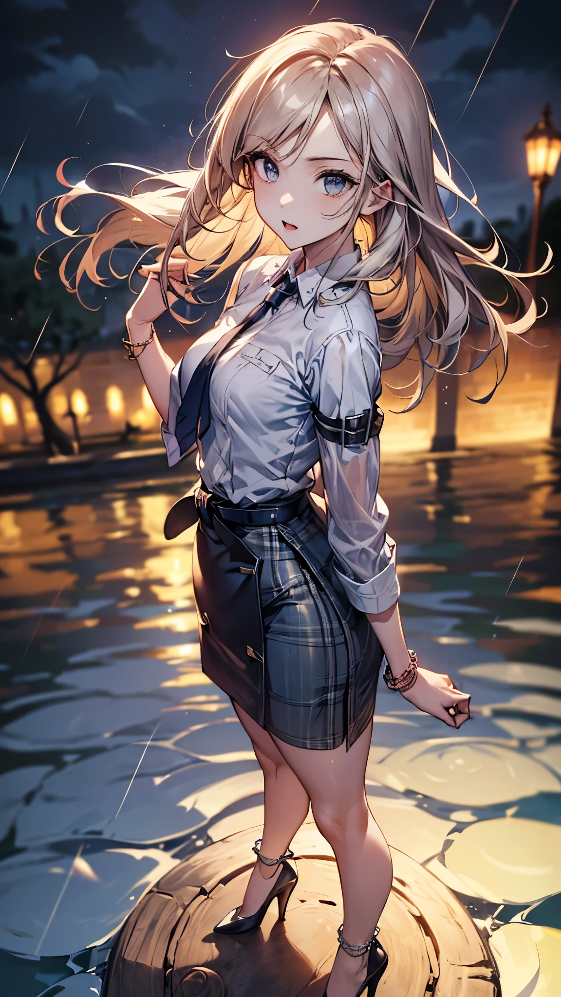 ((Biologically correct limb count))、(( whole body including face))、4K、Masterpiece、((Focus on the face))、((Symmetrical, well-proportioned facial features))、Eyes with delicate depictions、(((1 person)))、Beautiful woman、Outstanding style、Slender Body、(High heels with anklets、Shiny Stockings)、(((No sleeve、Checked skirt)))、tie、(((White belt photo)))、((Looking up))、Expressionless、(((Riverside、Stand on the surface of the water)))、Close-up photo of the upper body、High angle、night、rain