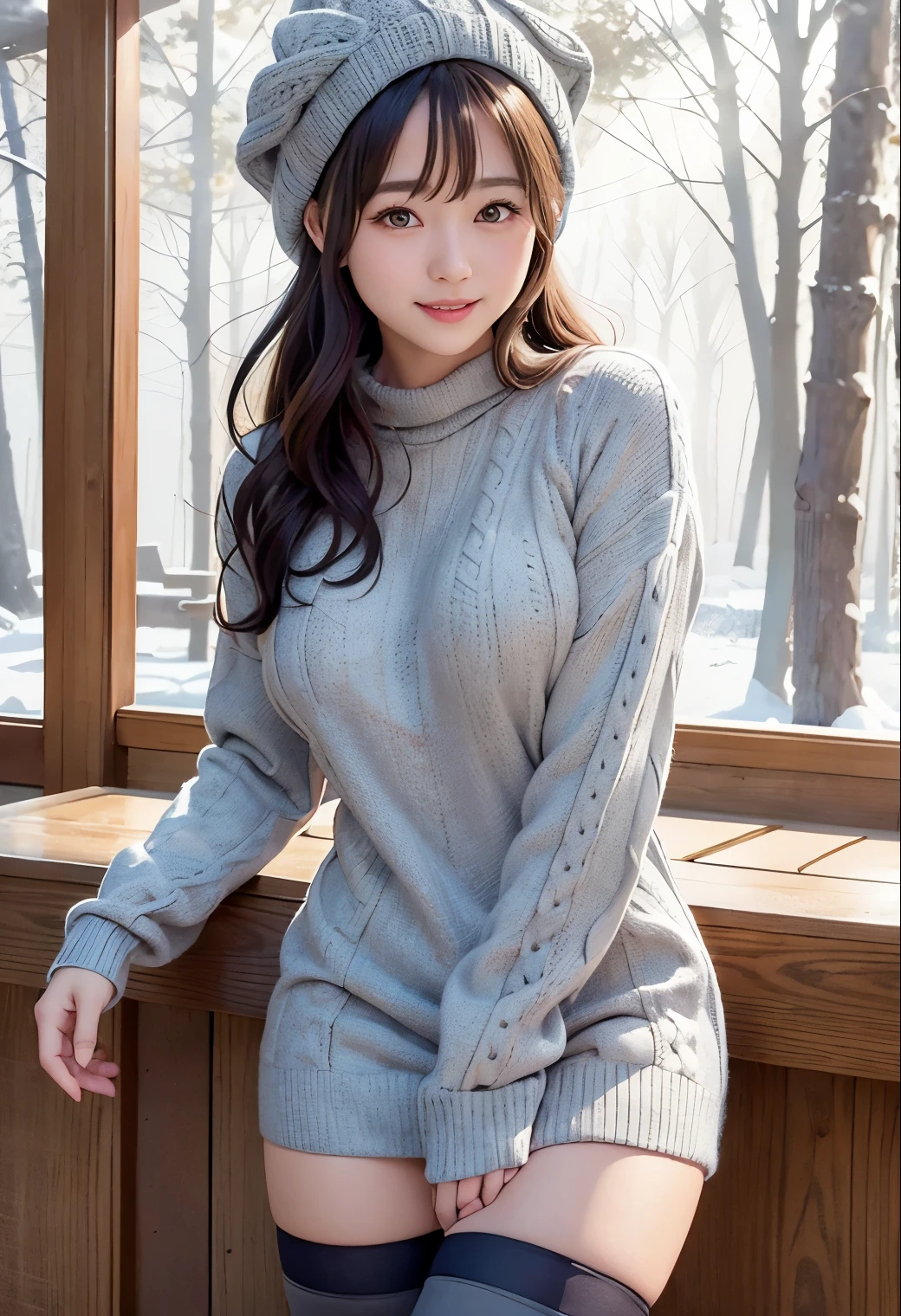 (highest quality,masterpiece:1.3,Ultra-high resolution),(Very detailed、Caustics) (Realistic:1.4, RAW shooting、)Ultra-Realistic Capture、Very detailed、Natural skin texture、masterpiece、(One Japanese girl wearing a gray long cable knit sweater and black stockings:1.3)、Adorable expression、Expressions of Happiness、、Young Face、Agly cute、Grey knitted hat、Curly Hair、Black Hair、light makeup、Busty and bursting、Shining thighs、Shooting in the winter forest、Snow Scene、smile、An inviting gaze、Cowboy Shot、Anatomically correct、Attention to detail、
