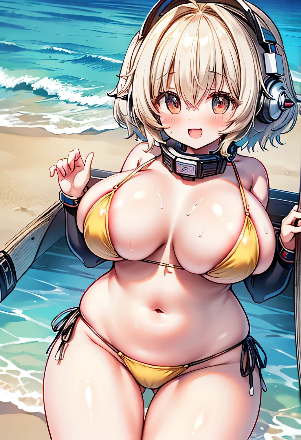 Anime illustration、cyber punk、highest quality、Sandy Beach、Image Video、Idol、Super Sonico、Perfect proportions、bikini、overwhelmingly big breasts、Very thick legs、Beautiful, shining eyes、Blushed、smile、Cowboy Shot