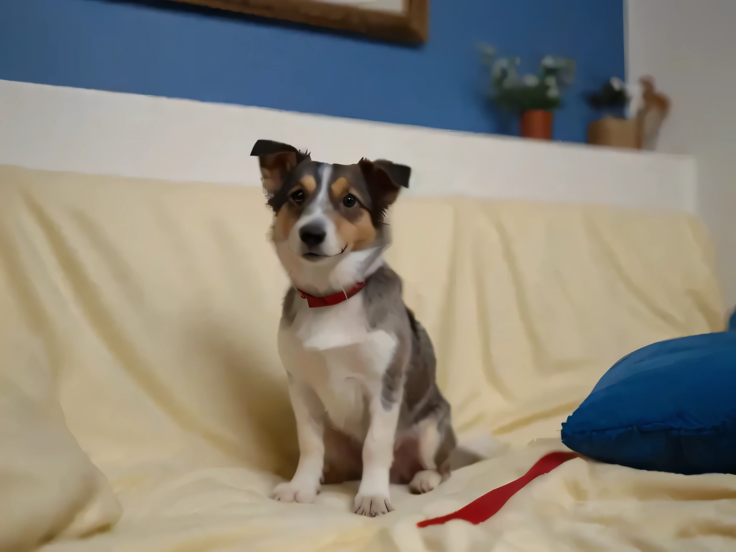 there is a dog Sitting on the bed with a red leash, Jack Russell Terrier, Jack Russell Terrier, Corgi and Doodle Mix, Sitting on the sofa, Sitting on the bed, Sitting on the sofa, Sitting on the sofa, Sitting on the sofa, Shot with Sony Alpha 1 camera, Jack Russell Terrier surprised, Sitting on the sofa