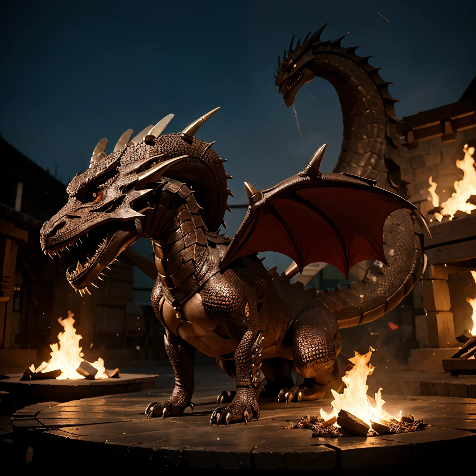 Professional , masterpiece、top-quality、photos realistic , depth of fields 、(Dragon Black Metal Body:1.9),(Mattretto、(cleavage of the breast)、Dragon Gold Weapon、(Micro Bikini Armor:1.4),Gorgeous gold weapons ,Particles of light、Particles of light、(( Dragon's dense and gorgeous sword)) , (demonic wings)、((a blond))、(Castle background)、Fight dragons、((Gangle's forest background))、Take intense poses、Beautiful Caucasian beauty、1a person、dynamic ungle,(((Detailed and ornate dragon helmet)))、Smaller head、A smile、Castle background、Thin and beautiful female hands、cleavage of the breast、Soldier in iron armor on background、Mystical expression、Light Effects、intense fighting、Wind-effect、magic circles、With the legendary magic wand、Dragon's tail、explosions、