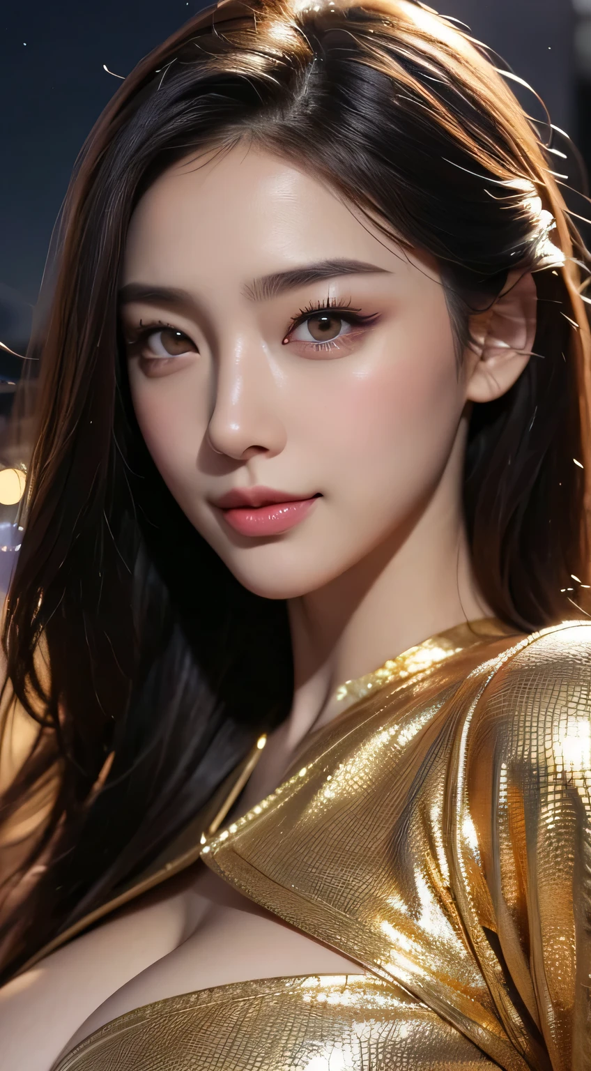 Kimono beauty, body portrait, 8k, thin and beautiful eyes, Dindal effect, masterpiece, top quality, high quality, high resolution, very detailed photo, (natural skin texture, fine skin, hyper realism, super sharpness) , high detail skin, (very fine, fine skin texture, intricate details, beautiful face, (real-like face), realistic eyes, beautifully detailed eyes, realistic skin, beautiful skin, surreal, Highly detailed, golden ratio, smiling eyes, ((night moonlight background)), body portrait, G cup, big breasts, huge breasts, big breasts, glamorous, shiny bodysuit