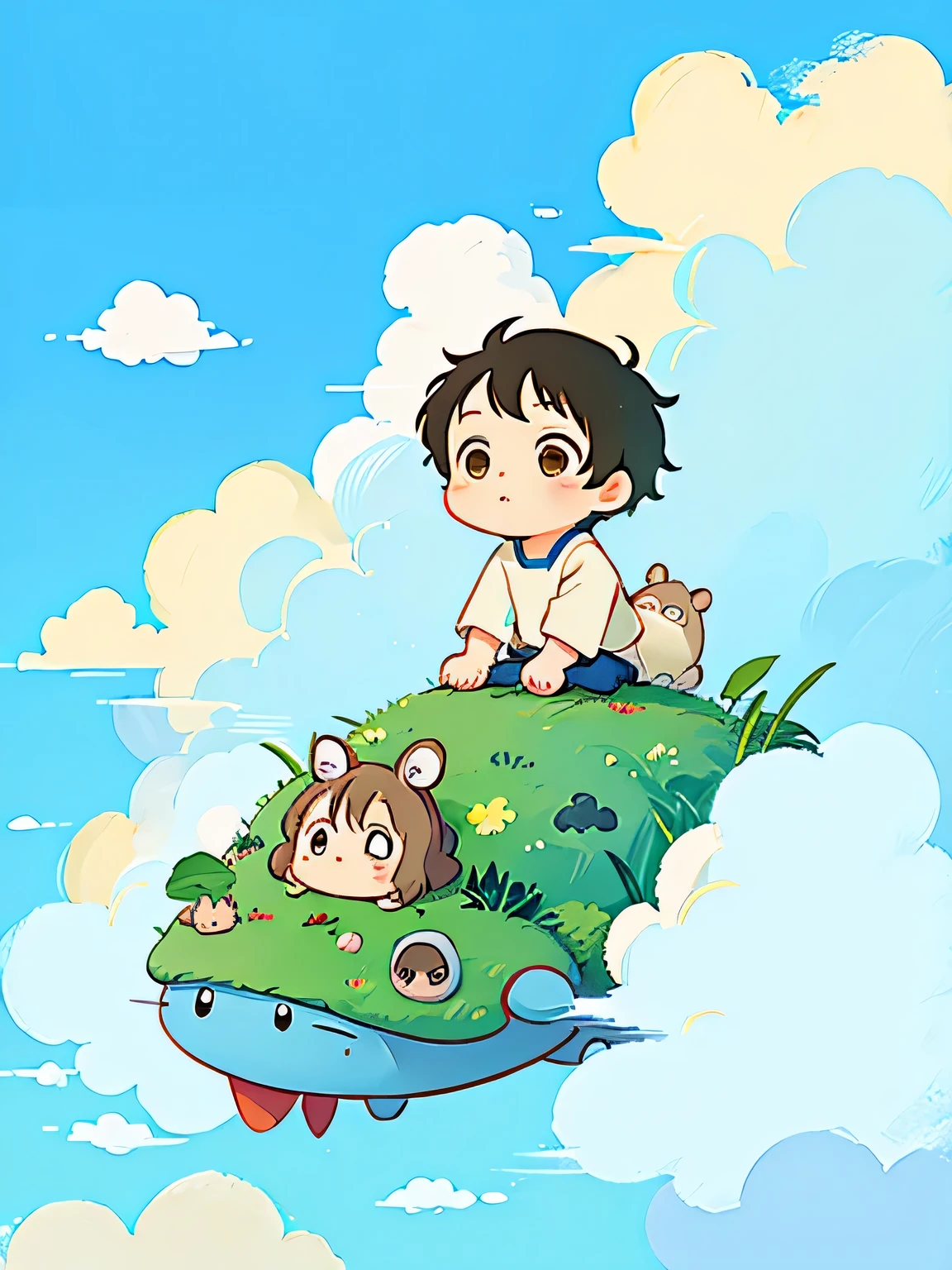 Hayao Miyazaki style, Kawaii Design, Chibi, (((on the Clouds))), Lots of My Neighbor Totoro, My Neighbor Totoro's Forest