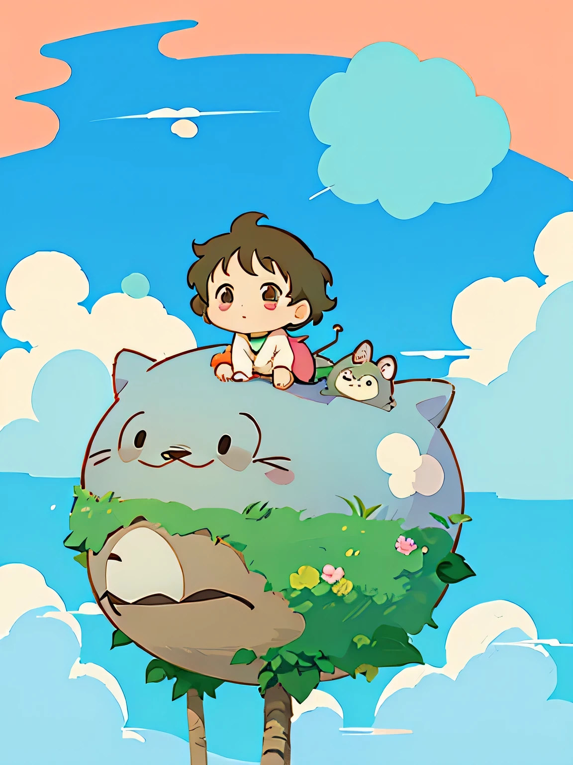 Hayao Miyazaki style, Kawaii Design, Chibi, (((on the Clouds))), Lots of My Neighbor Totoro, My Neighbor Totoro&#39;s Forest