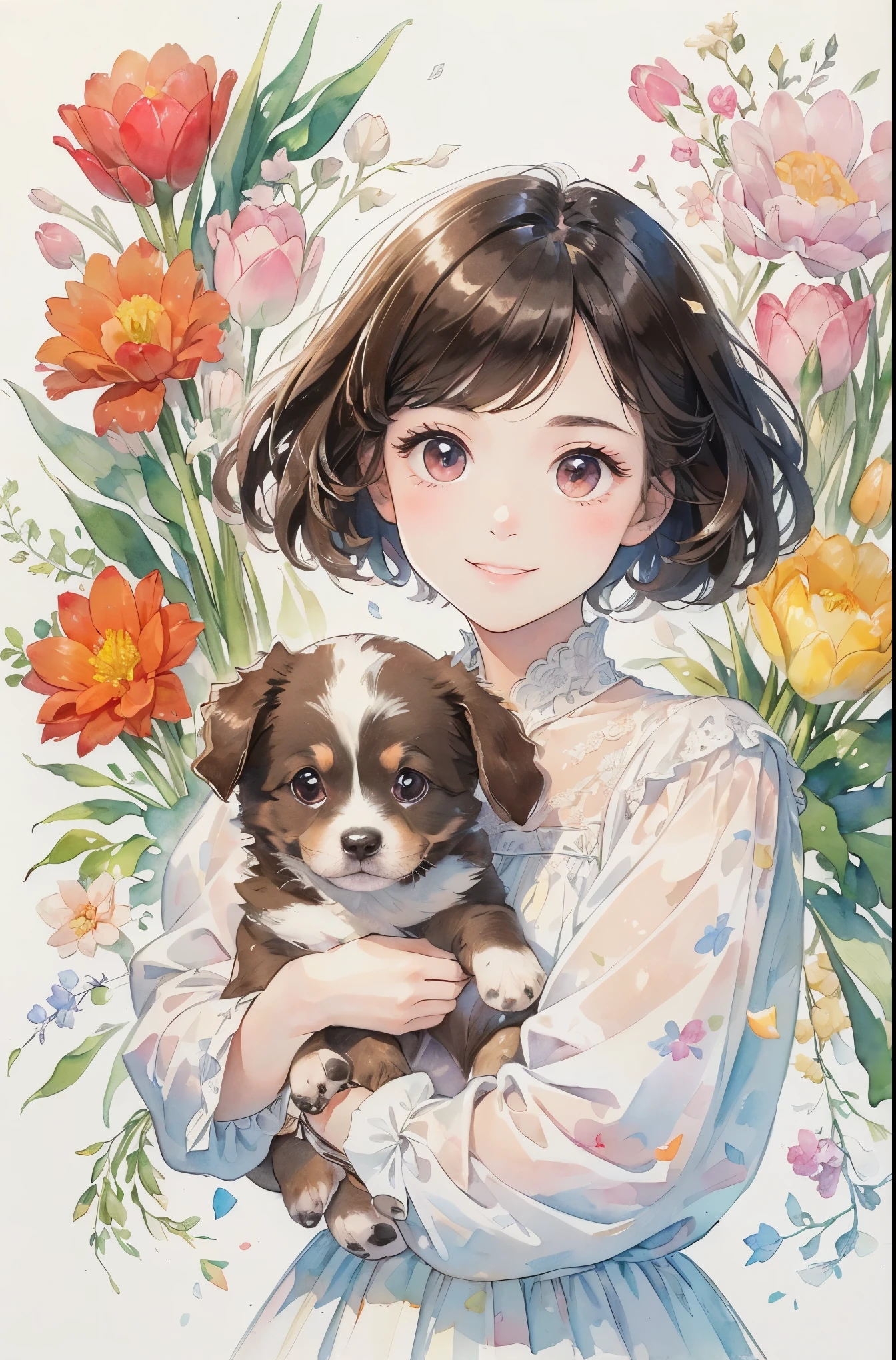 (masterpiece、highest quality、highest quality、Beautiful and beautiful:1.2)、Good anatomy、（watercolor）、Drawing of a girl with straight short hair、Beautiful smile、pure white costume、Soft、pure、Charm、(Holding a brown puppy:1.3)、looking at the camera、Flowers and leaves、Tulips