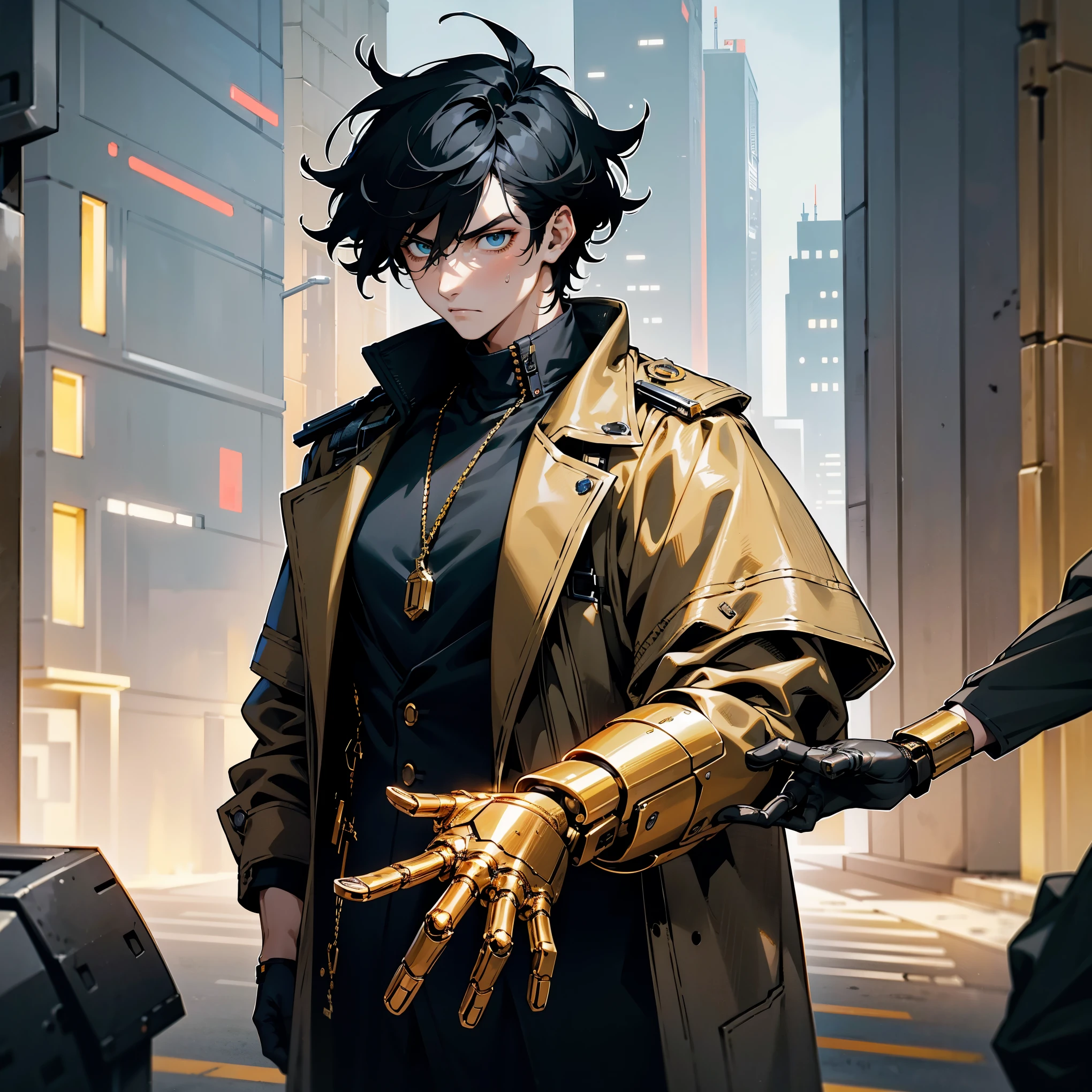 1male , Black Hair , Messy Hair , Low Cut Hair , Black Trenchcoat , Blue Undershirt , Standing on sidewalk , Serious Expression , Futuristic city background , Perfect Generation , Masterpiece Quality , Portrait, Futuristic Streetwear , Cyberpunk Face Implant , Gold Mechanical Hand and Arm, Golden Robot Arm and Hand , Golden Metal Arm and Hand