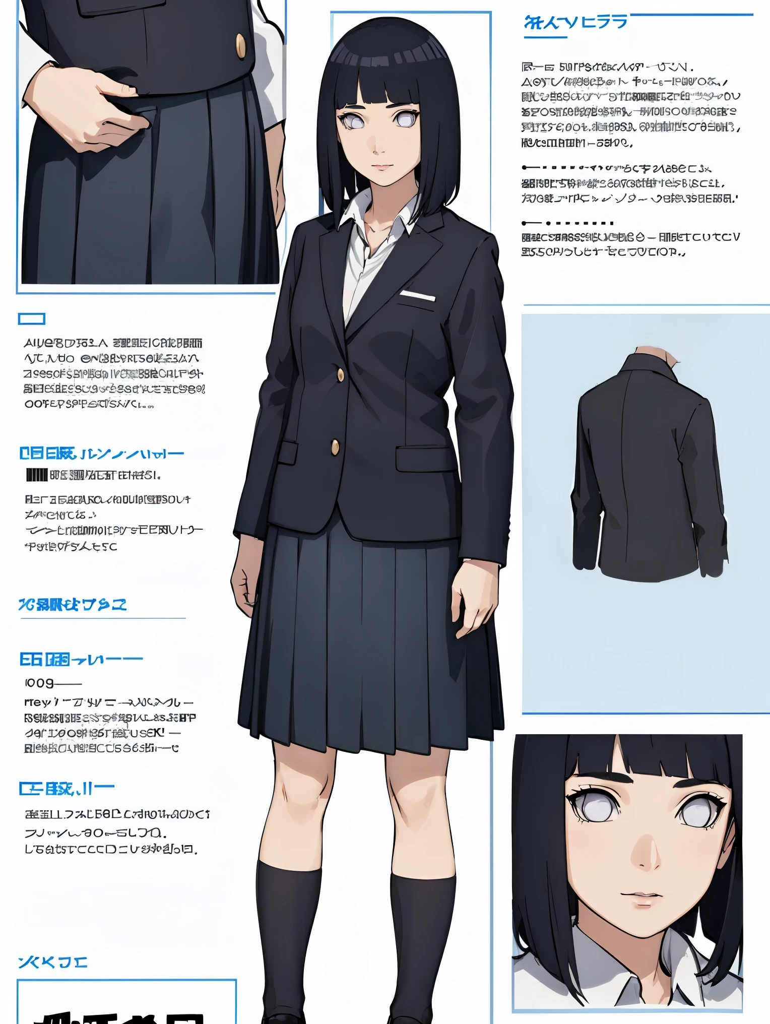 hinata\(boruto\), 1girl, solo,mature female,
BREAK (school uniform, white shirt, collared shirt, blazer, black blazer, long sleeves, skirt, blue skirt, kneehighs:1.2),
BREAK (infographic:1.2), (all clothes configuration:1.15), (solo), perfectly drawn hands, standing, cohesive background, paper, action, (character design:1.1)
BREAK (masterpiece:1.2), best quality, high resolution, unity 8k wallpaper,NSFW ,(illustration:0.8), extremely detailed face, perfect lighting, extremely detailed CG, (perfect hands, perfect anatomy),