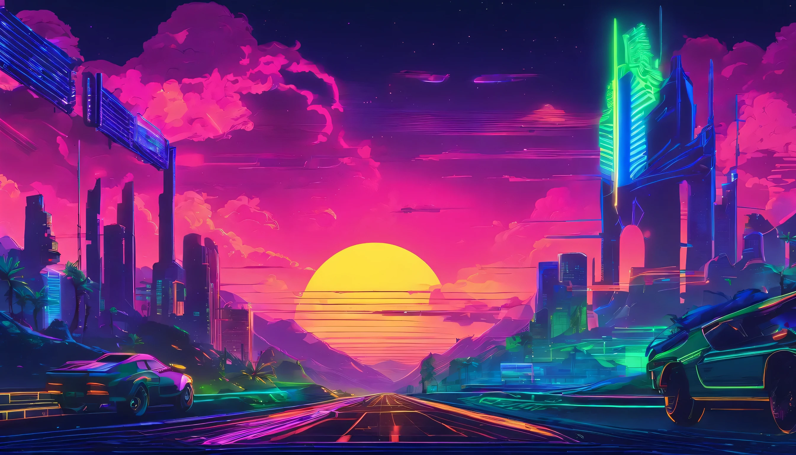 Retro Wave, road name, jungle, Dark blue and green neon lights, sun, mountain, night sky, futuristic, (masterpiece, very detailed, high sun exposure)