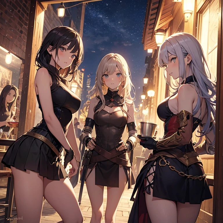 A group of  female medieval fantasy adventurers, (in tavern), various hair styles, harem, night, details face, short skirt, seducing, sleeveless, armor 