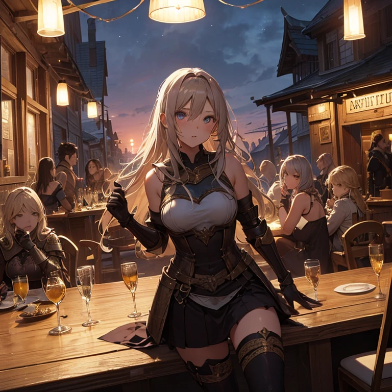 A group of  female medieval fantasy adventurers, (in tavern), various hair styles, harem, night, details face, short skirt, seducing, sleeveless, armor 