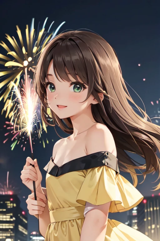masterpiece, best quality, ultra detailed, highres, extremely detailed CG unity 8k wallpaper, perfect lighting, very detailed background, beautiful and aesthetic,sharp focus, perfect face, dynamic pose, dynamic angle,
1girl, upper body, (portrait:1.1), looking at viewer, full-face blush, from side, from below, smile,Open your mouth、Pink Lips、
night、Megacity、building、
Yellow Dress、
(Shoulder Bare:1.2)、(Off the shoulder:1.4)、(Holding a handheld firework:1.2)、(flat chest:1.3)、
licht brown hair、Green Eyes