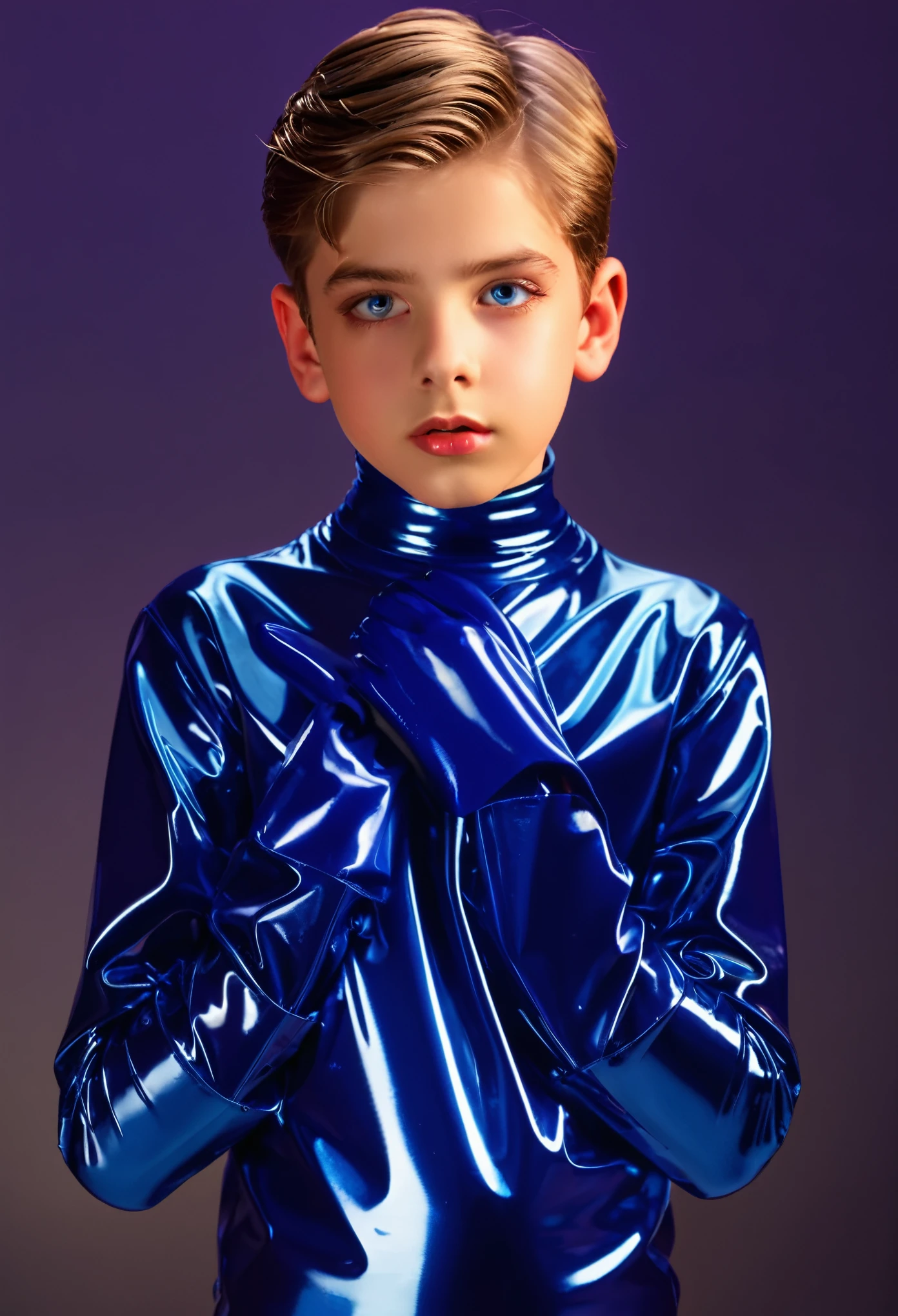 (best quality,highres:1.2),realistic,boy in latex,,detailed eyes,detailed lips,long eyelashes,latex clothing,shiny surface,latex gloves,reflection,lighting,studio lighting,vibrant colors,portrait style,sharp focus,playful expression,curious eyes,childhood innocence,fashionable, standing pose