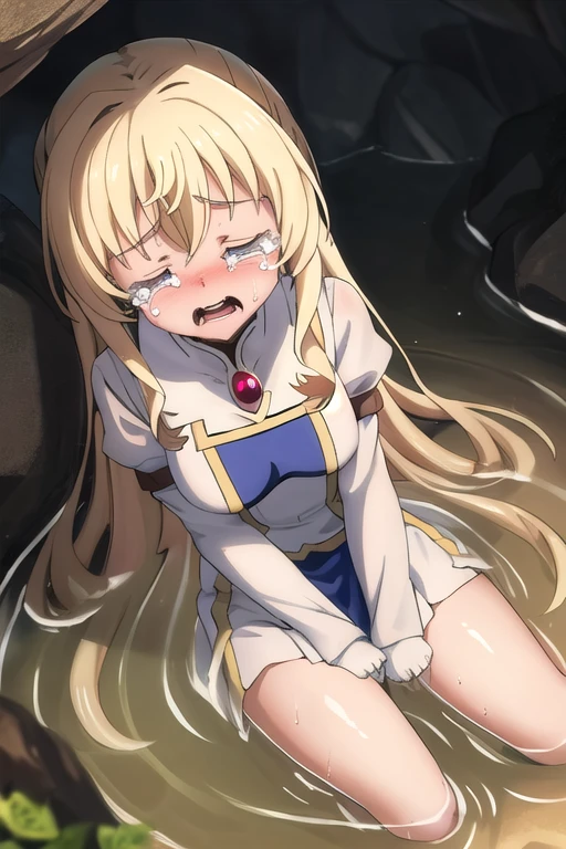 masterpiece, best quality,Ultra Detailed, 1 Girl,  Priestess_goblin slayer afraid,cry,Scream,sitting,from above,Close your eyes,Puddle,cave