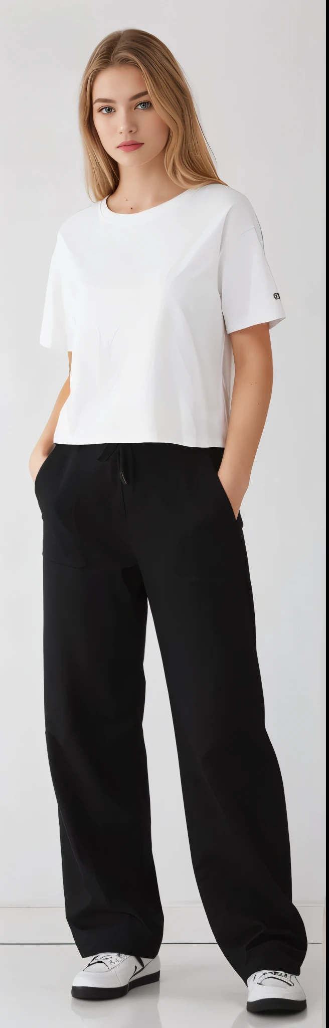a woman in a white shirt and black pants posing for a picture, black pants, black pants, matte black pants, Loose pants, baggy black pants, big pants, black suit pants, com dois bolsos frontais, wearing pants and t-shirt, manga larga cropped, Swollen short pants, perto de um magro, imagem detalhada do produto, with hands in pockets