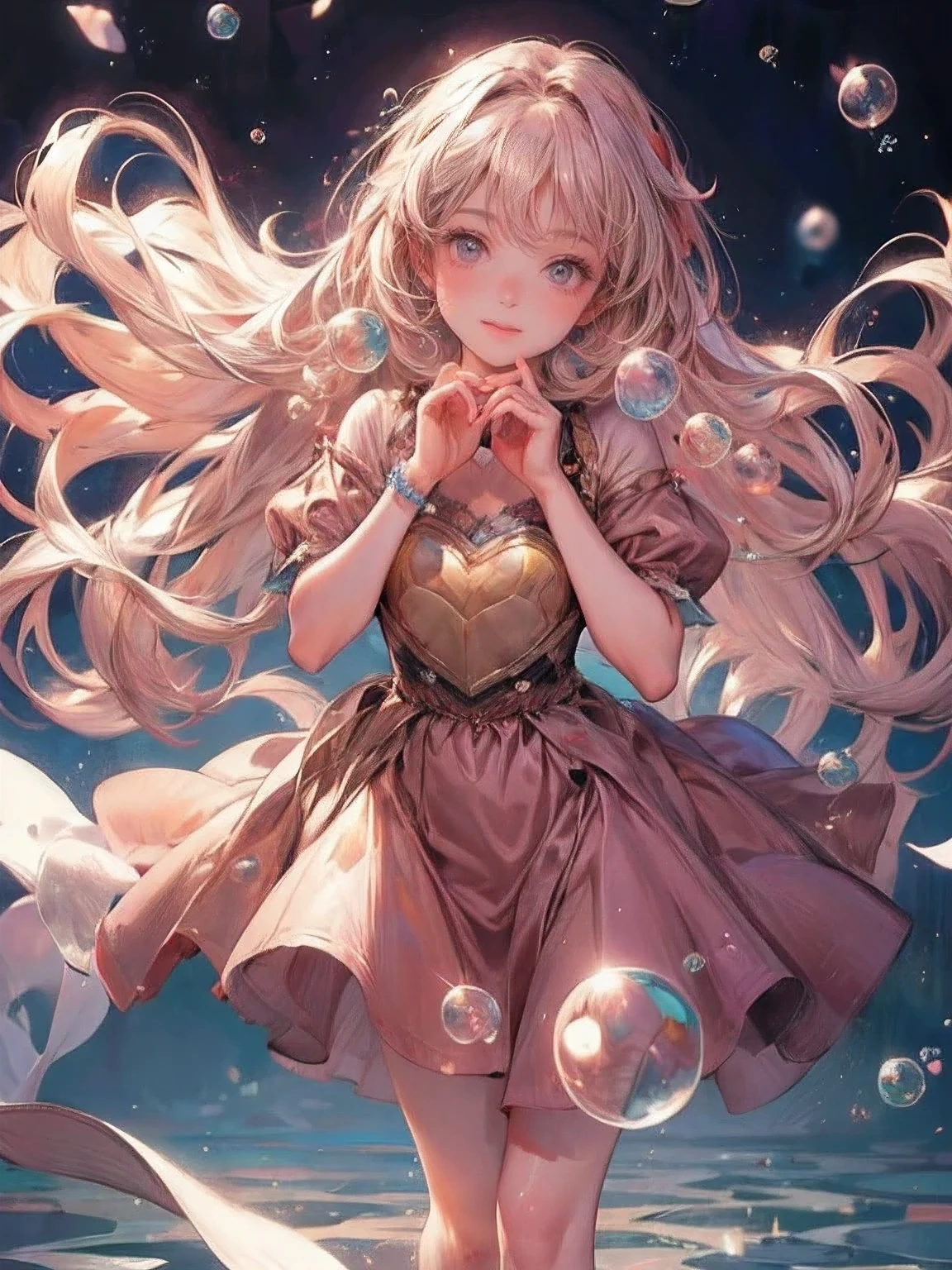 masterpiece:1.2, highest quality, 16k, highres, ultra-realistic:1.37, beautiful detailed:1.2, beautiful woman, standing, beautiful posing, bubble, heart shape bubbles:1.5, Countless bubbles (heart shape:1.2, vibrant colors), bubbles of various sizes, bubbles:1.2, too many bubbles:1.2, happily smile, beautiful delicate(hair, face, long eyelash, eyes, pupils, lips, knee, anklet, bubbles), sparkling eyes, shining rosy lips, blushed cheek, through bangs,
