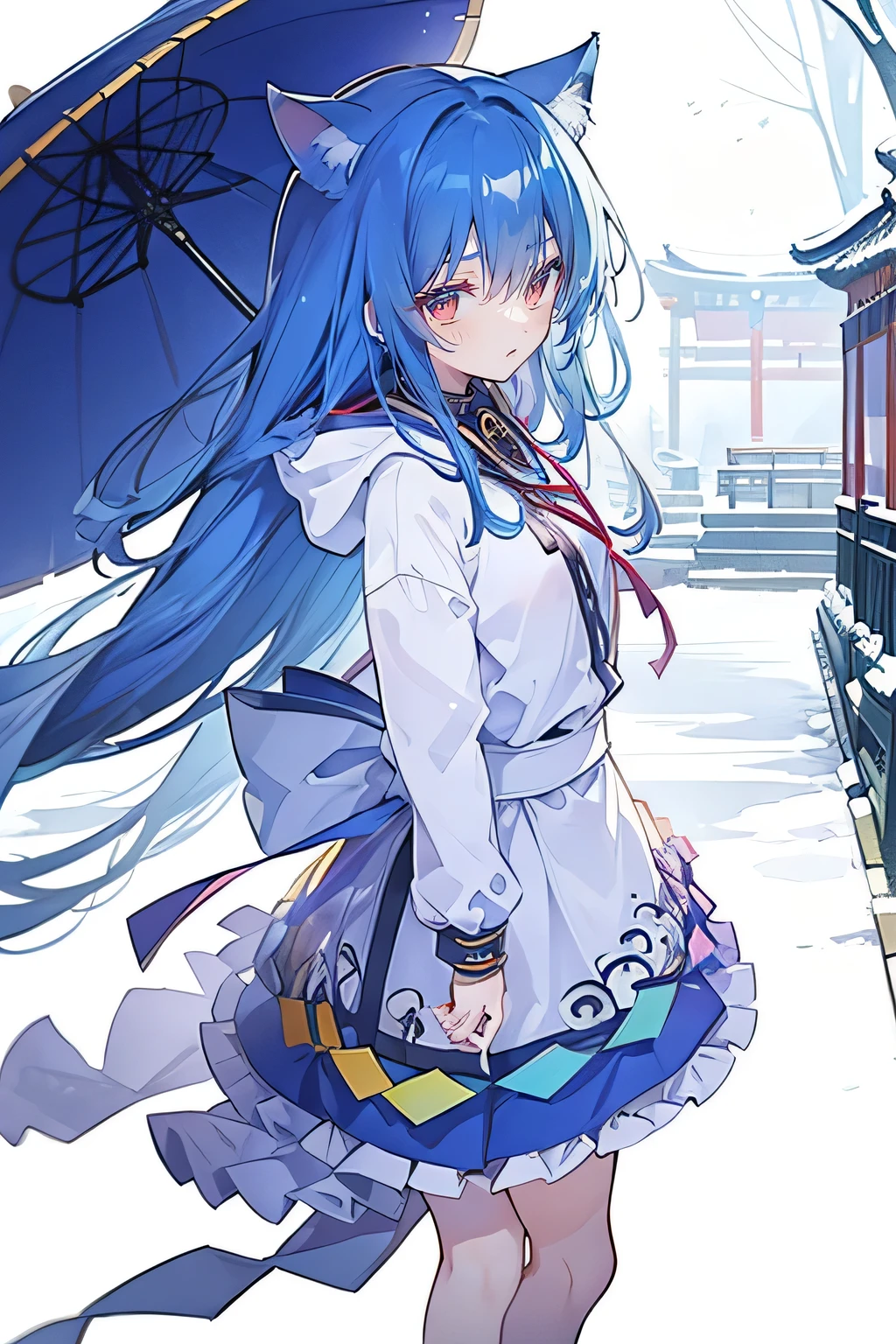 (masterpiece:1.2),Super detailed,lifelike,Expressive eyes,fair skin,perfect face shape,1 girl,
Japanese comics,Gorgeous blue hair,flowing blue hair,flowing clothes,Cat ears,Petals fall,beautiful lola,Baby Angel,
Shaking head with one hand,Cross your legs,Gentle and peaceful background,The pavilion is cool and comfortable,smile, wearing hoodie, background of tokyo,back views,snowing, winter.