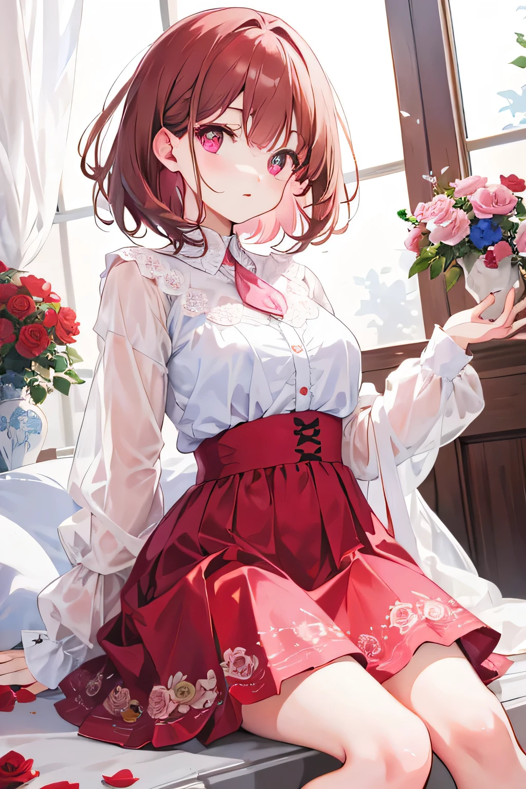 Pink eyes，Light Brown，Cute bangs,Medium Hair，beautiful，woman，high resolution，Drooping eyes，Red Rose，Blue Rose