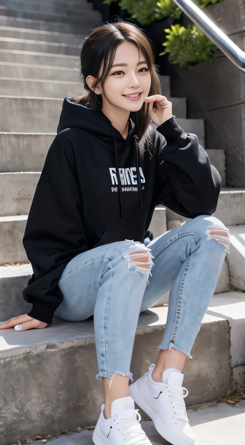 highest quality, Realistic, Very detailed, Finer details, High resolution, 8k wallpaper, One beautiful woman,Sit on the stairs、smile、、(Black socks) Oversized hoodie, Skinny jeans,( Black sneakers)、Black Hair、 Beautiful Bangs、ear piercing、Perfect dynamic composition, Beautiful and detailed, Full Body Shot, A big smile waiting to start