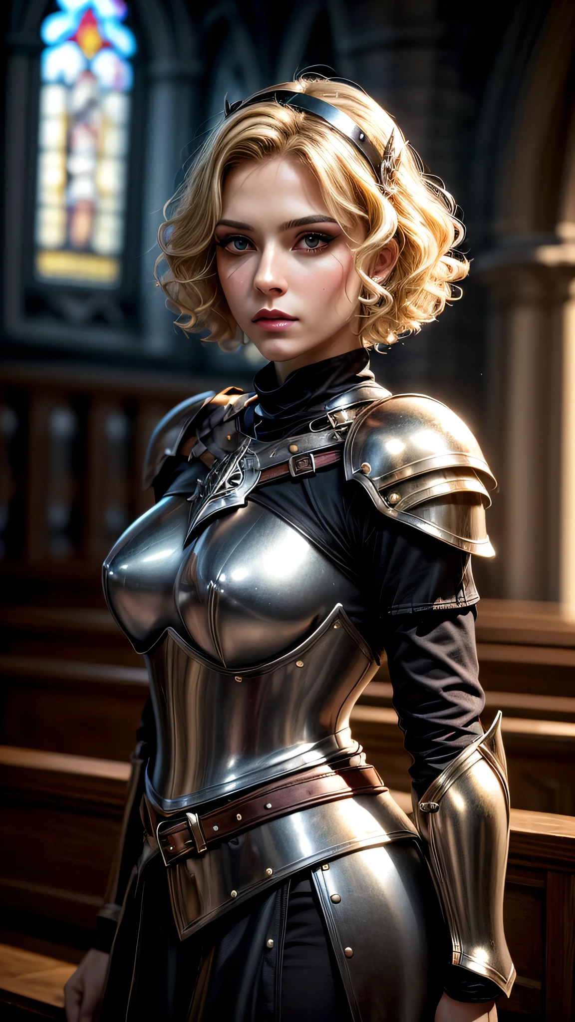 ((best quality:1.5, masterpiece)), intricate details, sharp focus, professional, photorealistic, real life, realistic representation of the face, (golden hour, intense expression) dynamic action pose, homely face, in the style of realistic and hyper detailed renderings, medieval church, stained glass, solo, BREAK; BREAK (((short blonde curly hair, (blackout eyeshadow, makeup:1.0)))), ((blemish: 0.7)), ((fujicolor)), BREAK; BREAK ((medieval paladin, (lacquered black chrome armor:1.4, breastplate (modest, cleric, iron circlet)), photorealistic, hyper-realistic))