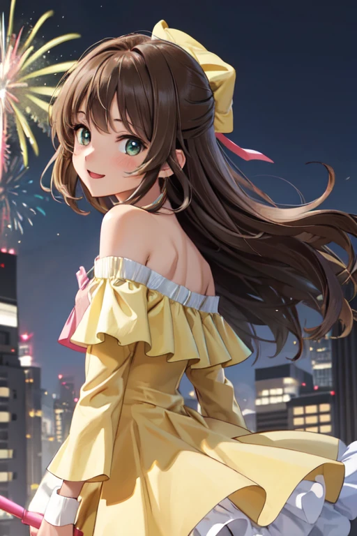 masterpiece, best quality, ultra detailed, highres, extremely detailed CG unity 8k wallpaper, perfect lighting, very detailed background, beautiful and aesthetic,sharp focus, perfect face, dynamic pose, dynamic angle,
1girl, upper body, (portrait:1.1), looking at viewer, full-face blush, from side, from below, smile,Open your mouth、Pink Lips、
night、Megacity、building、
Yellow Dress、
(Shoulder Bare:1.2)、(Off the shoulder:1.4)、(Holding a handheld firework:1.2)、(flat chest:1.3)、
licht brown hair、Green Eyes、
Cardcaptor_Sakura、