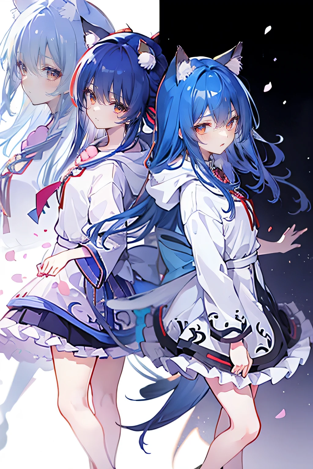（masterpiece：1.2），Super detailed，lifelike，Expressive eyes，fair skin，perfect face shape，1 girl，
Japanese comics,Gorgeous blue hair,flowing blue hair,flowing clothes,Cat ears,Petals fall,beautiful lola,Baby Angel,
Shaking head with one hand，Cross your legs，Gentle and peaceful background，The pavilion is cool and comfortable,smile, wearing hoodie, background of tokyo,back views,snowing, winter.