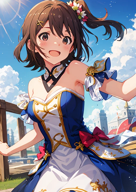 Mirai Kasuga, (highest quality, 8k, masterpiece, Very detailed:1.2), (Lens flare, Particles of light, Shine), Big Breasts, smile, Open your mouth, masterpiece, highest quality, Very detailed, High resolution, Very detailedなCG, (Official Art), Off the shoulder, Seductive clothing, (Embarrassing:1.1), (blush:1.2), Open your mouth, (shout:1.1), (Moving lines:1.1), blue sky, town,Cowboy Shot