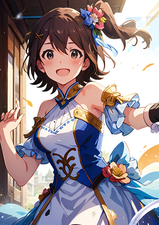 Mirai Kasuga, (highest quality, 8k, masterpiece, Very detailed:1.2), (Lens flare, Particles of light, Shine), Big Breasts, smile, Open your mouth, masterpiece, highest quality, Very detailed, High resolution, Very detailedなCG, (Official Art), Off the shoulder, Seductive clothing, (Embarrassing:1.1), (blush:1.2), Open your mouth, (shout:1.1), (Moving lines:1.1),  blue sky, town,Cowboy Shot