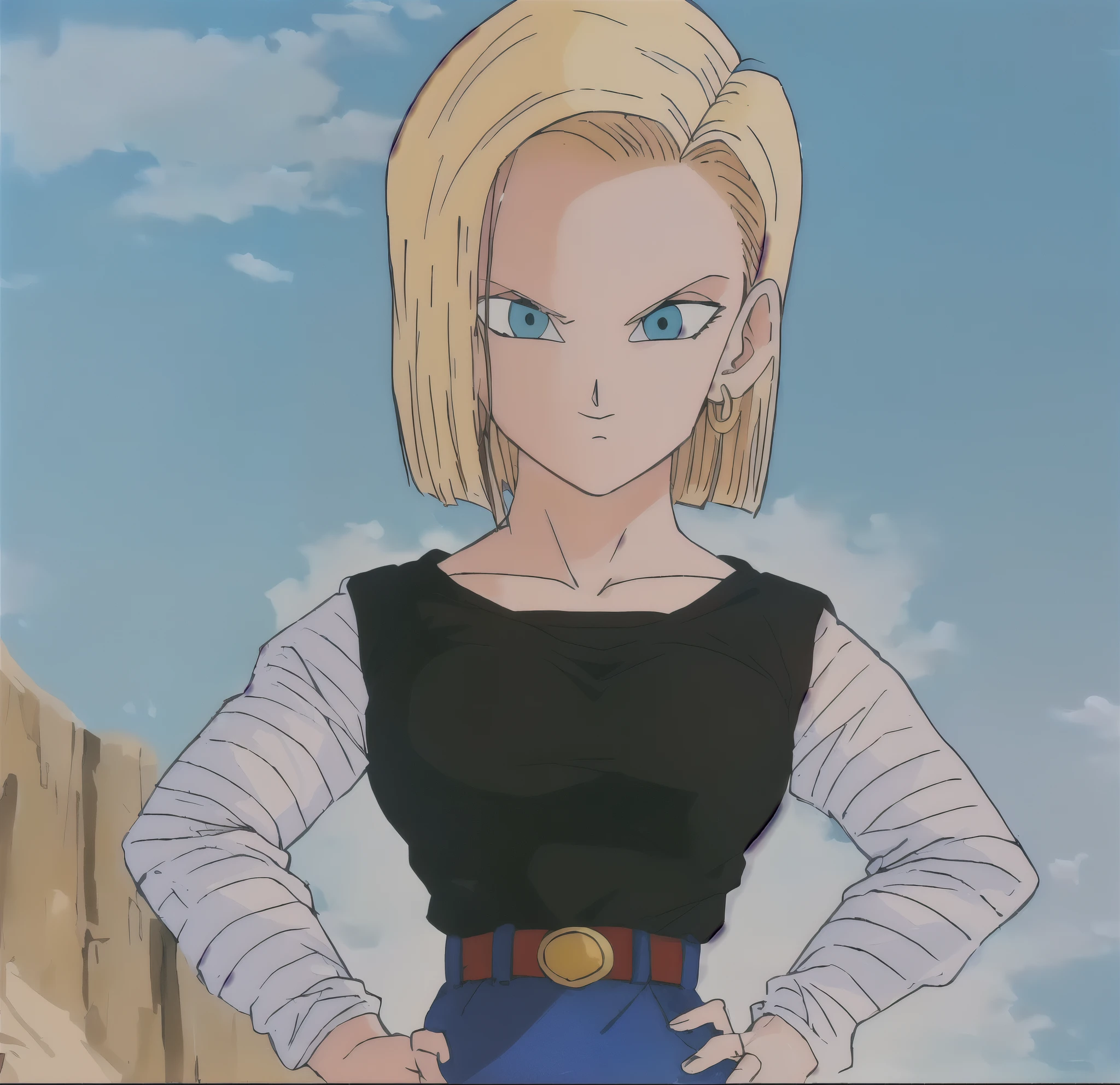 um close de um desenho animado de uma mulher loira com uma camisa preta, android 18, roupa rasgada, Android 18.