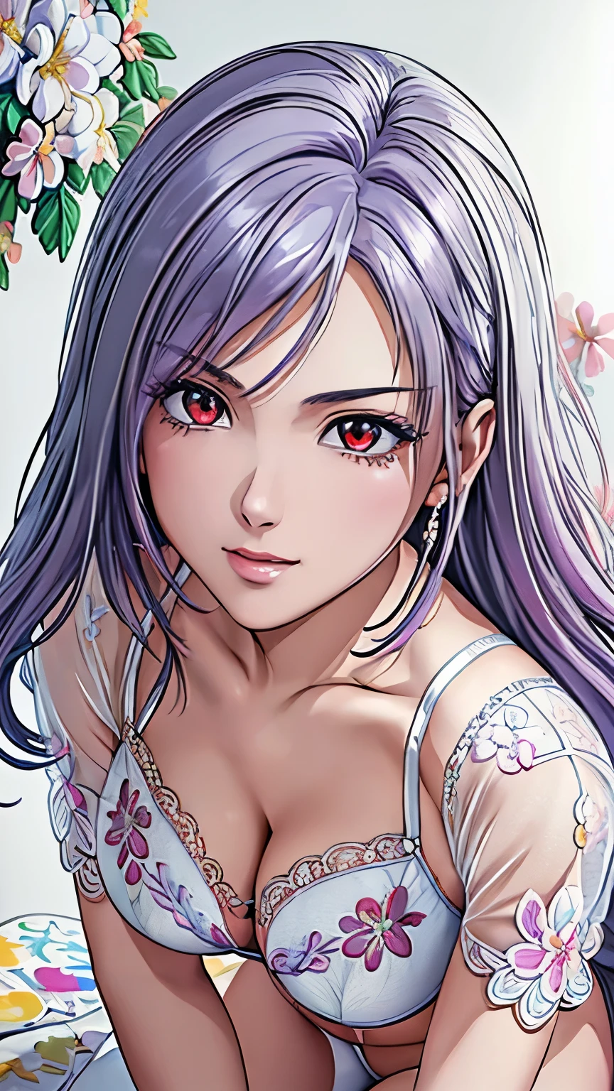 red eyes, (highest quality, masterpiece painting:1.3), immature woman, , (half body shot), masterpiece, ultra high resolution, (Photoreal:1.0), ((light purple hair)),straight hair, beautiful shining hair, white and shining skin, ((Ultra realistic details)), octane rendering, highly detailed face, (big breasts:0.8), (make a heart with hands), ((White bra,White pantieeautiful detail shorts with colorful floral embroidery and luxurious embroidery +:1.5)),Salute,(Flower motif lingerie),(Gorgeous:1.2),(Lace,Detailed:1.3),(See-through:1.6), open neckline, cleavage, perfect body, soft skin, White cherry blossom embroidery pattern, silver earrings, (pure white background:1.4), sharp focus, intricate details, professional artwork, (bright colors:1.1), bright colors, diffused lighting, digital blending, ultra-definition body, ultra detail hair, super detailed face, trending on pixiv, top button open, Cute gaze, compensate, perfect lips, perfect compensate, Ultra-precision coating, (light_smile:0.8),