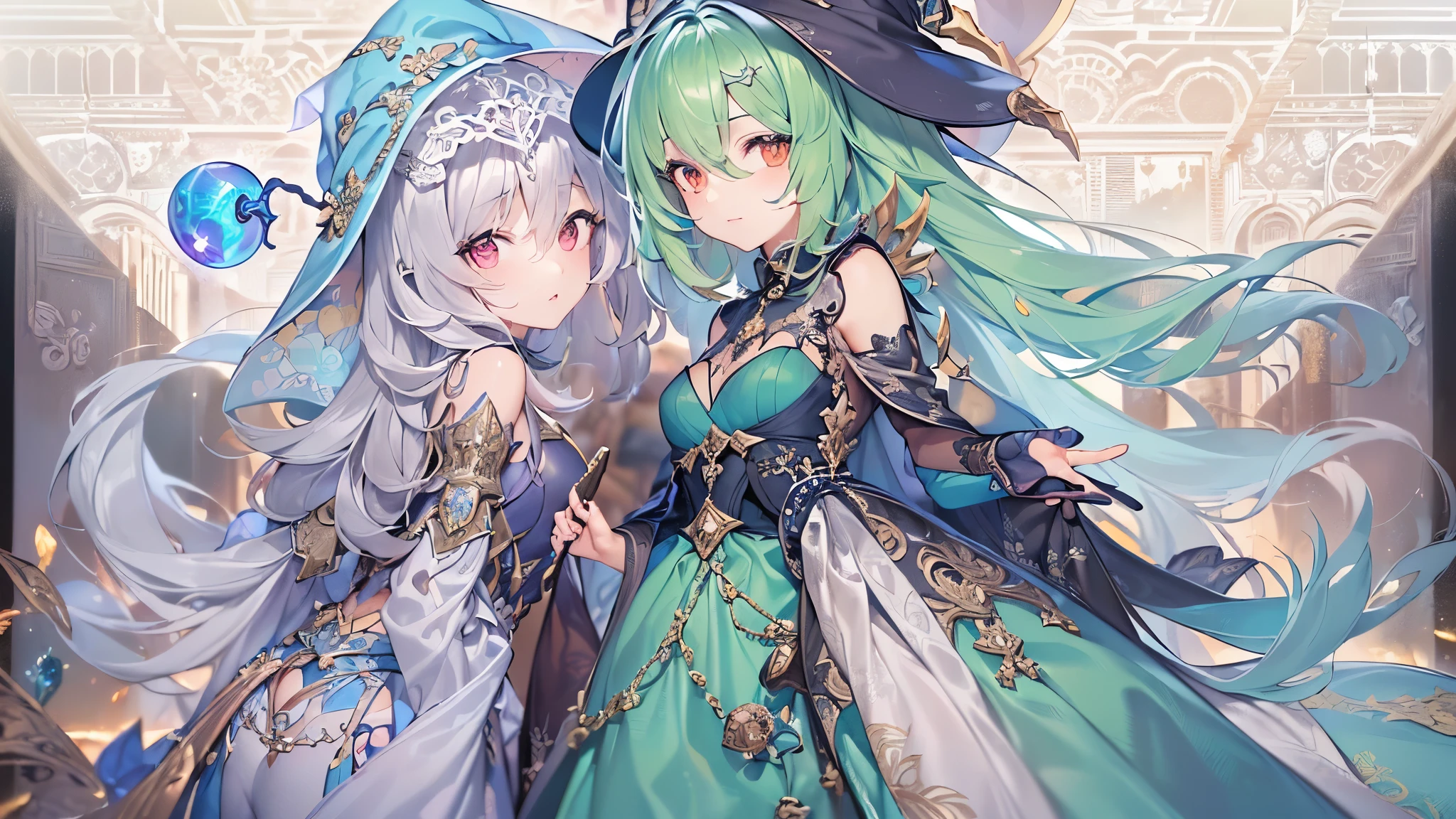 ((highest quality)),(Ultra-high resolution),(Very detailed),(Detailed Description),((The best CG)),(A masterpiece),Ultra-detailed art,Amazing drawing art,(Fantasy art with intricate detail:1.5), ((Two women standing back to back:1.5)), (witch:1.5),(Beautiful and well-proportioned face:1.3),(Shiny black hair:1.3),(緻密で詳細に描写されたwitchのローブ:1.4),(Floating fireball:1.6),(Confident々:1.2), (female knight:1.5),(Beautiful and well-proportioned face:1.3),(Light blue hair:1.3),(Intricately detailed armor:1.4),(Expressionless 1.2)