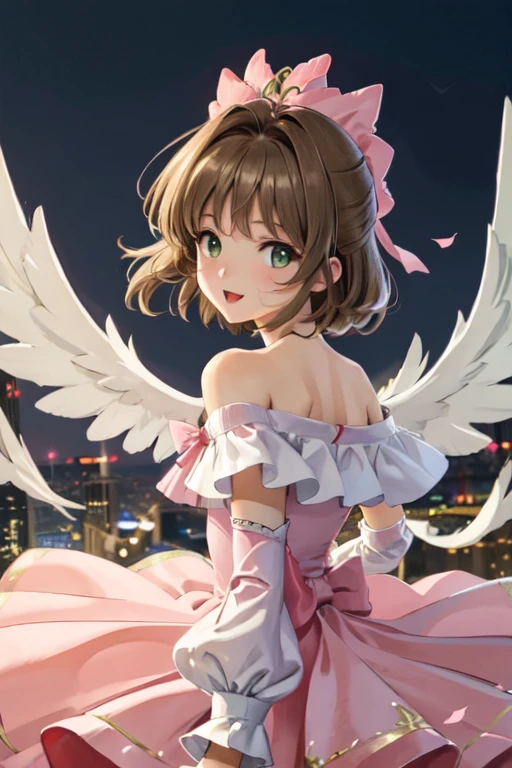 masterpiece, best quality, ultra detailed, highres, extremely detailed CG unity 8k wallpaper, perfect lighting, very detailed background, beautiful and aesthetic,sharp focus, perfect face, dynamic pose, dynamic angle,
Perfect hands、Perfect Fingers、Perfect toes、Five fingers、
1girl, upper body, (portrait:1.1), looking at viewer, full-face blush, from side, from below, smile,Open your mouth、Pink Lips、
night、Megacity、building、
Yellow Dress、
(Shoulder Bare:1.2)、(Off the shoulder:1.4)、(flat chest:1.3)、
light brown hair、Green Eyes、
Cardcaptor_Sakura、