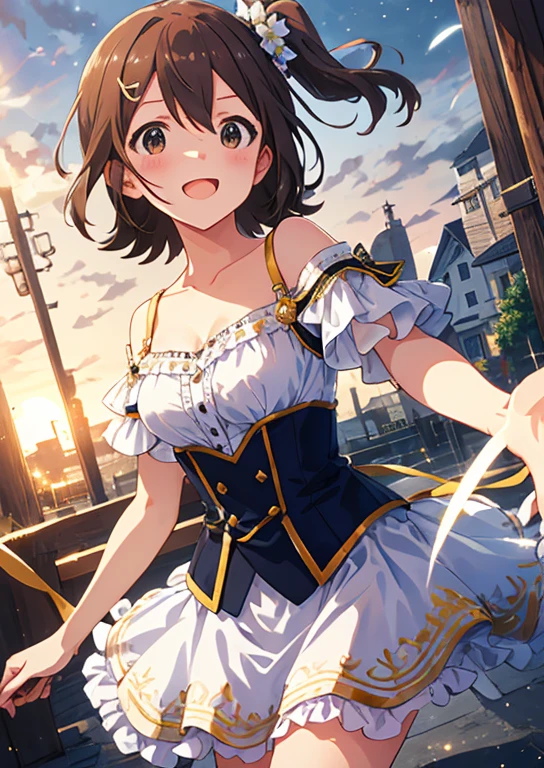 Mirai Kasuga, (highest quality, 8k, masterpiece, Very detailed:1.2), (Lens flare, Particles of light, Shine), Big Breasts, smile, Open your mouth, masterpiece, highest quality, Very detailed, High resolution, Very detailedなCG, (Official Art), Off the shoulder, camisole, mini skirt, Seductive attire, (Embarrassing:1.1), (blush:1.2), Open your mouth, (shout:1.1), (Moving lines:1.1), blue sky, town,Cowboy Shot