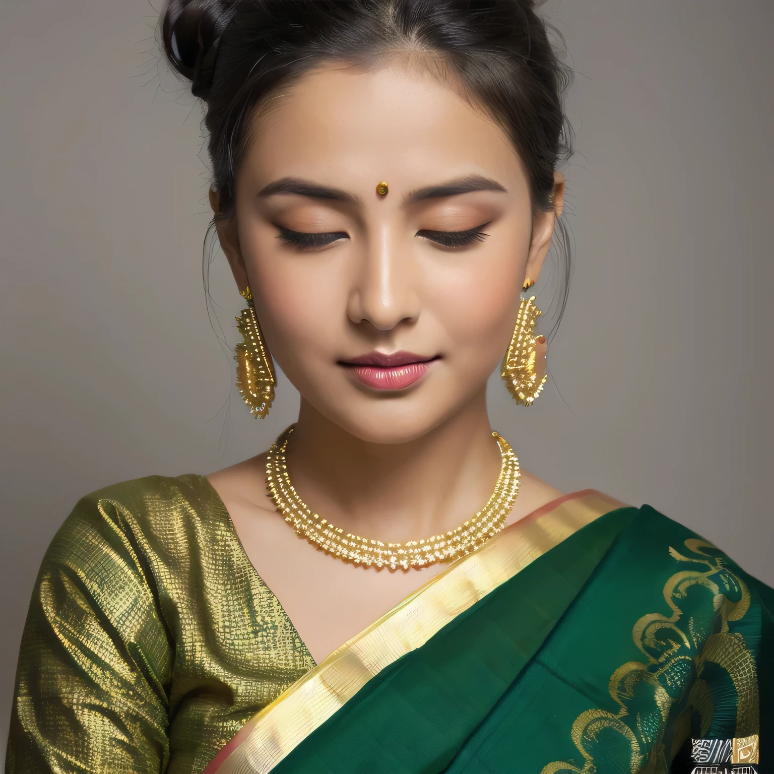 Amazing portrait of a sexy woman with a beautiful face and her hair tied in a bun wearing emerald jewellery emphasizing her beautiful face with grey eyes and fair skin and blushing intensely with her glossy lips parted wearing a dark green blouse and saree with gold patterns