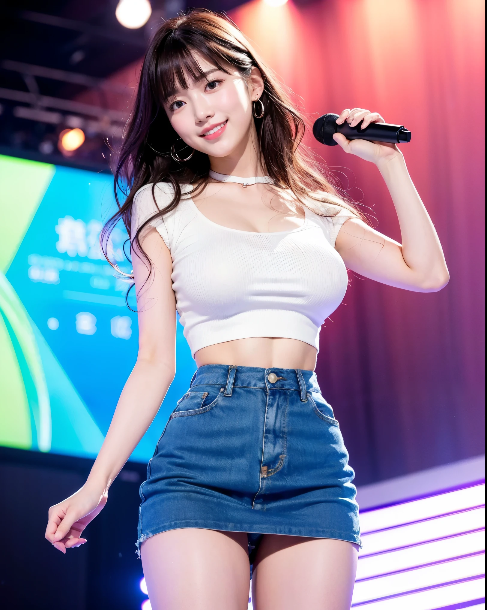 (8k, RAW Photos, highest quality, masterpiece:1.2), Super Resolution, (Realistic, Realistic Photo:1.37), whole body, 頭からつま先までwhole body, High-resolution RAW color photos, Professional photos, Very detailed, 8k wallpaper, Very detailed美少女, Very detailed顔, Very detailed目, Very detailed肌, Very detailed指, Very detailed鼻, Very detailed詳細な口 , Very detailedな脚, Perfect Anatomy, Very detailed背景, Very detailed衣服, 1 girl, (18:1.2), Age 25, Fair skin, Glowing Skin , Curly Hair, (bangs:1.2), smile, Cute face, Realistic face, Pink mesh shirt, Short skirt, Earrings, Standing with your back facing the audience, Dynamic Lighting, Very large breasts,
