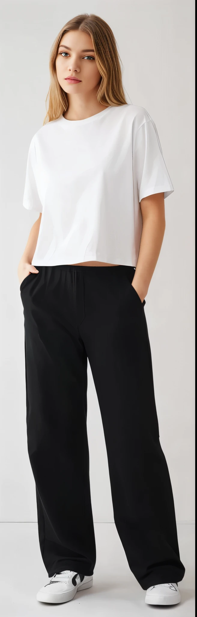 a woman in a white shirt and black pants posing for a picture, black pants, black pants, matte black pants, Loose pants, baggy black pants, big pants, black suit pants, com dois bolsos frontais, wearing pants and t-shirt, manga larga cropped, Swollen short pants, perto de um magro, imagem detalhada do produto, with hands in pockets