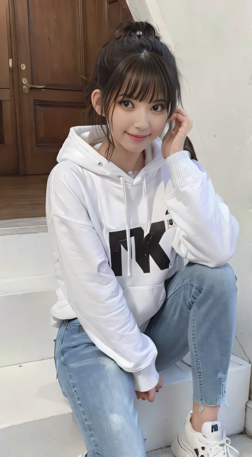 (masterpiece:1.3), (8K, Photorealistic, RAW Photos, Best image quality: 1.4),20 year old cute Japan woman、((Side-swept ponytail))、(Perfect body)、Jet Black Hair、Straight Hair､Highest quality、masterpiece、Ultra-high resolution、(hoodie)、(Pleated mini skirt)、Highly detailed face, Very white skin、Beautiful Eyes, Big Eyes、double eyelid､sunny、smile、Sitting on a beach bench、Looking up、Outdoor、blue sky、Mouth closed