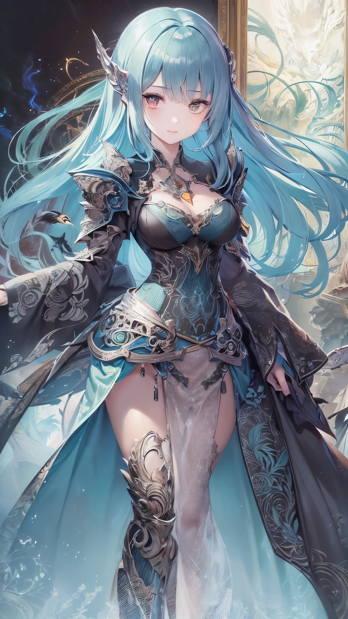 ((highest quality)),(Ultra-high resolution),(Very detailed),(Detailed Description),((The best CG)),(A masterpiece),Ultra-detailed art,Amazing drawing art,(Fantasy art with intricate detail:1.5), ((Two women standing back to back:1.5)), (witch:1.5),(Beautiful and well-proportioned face:1.3),(Shiny black hair:1.3),(緻密で詳細に描写されたwitchのローブ:1.4),(Floating fireball:1.6),(Confident々:1.2), (female knight:1.5),(Beautiful and well-proportioned face:1.3),(Light blue hair:1.3),(Intricately detailed armor:1.4),(Expressionless 1.2)