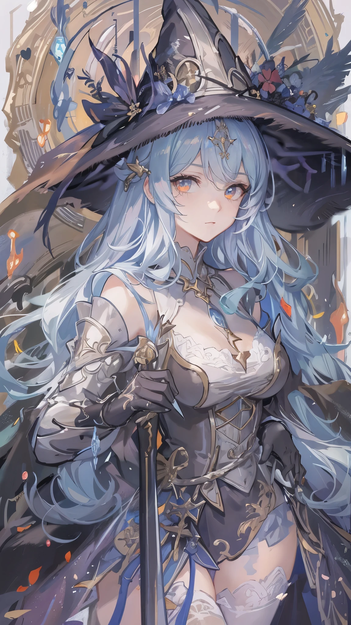 ((highest quality)),(Ultra-high resolution),(Very detailed),(Detailed Description),((The best CG)),(A masterpiece),Ultra-detailed art,Amazing drawing art,(Fantasy art with intricate detail:1.5), ((Two women standing back to back:1.5)), (witch:1.5),(Beautiful and well-proportioned face:1.3),(Shiny black hair:1.3),(緻密で詳細に描写されたwitchのローブ:1.4),(Floating fireball:1.6),(Confident々:1.2), (female knight:1.5),(Beautiful and well-proportioned face:1.3),(Light blue hair:1.3),(Intricately detailed armor:1.4),(Expressionless 1.2)
