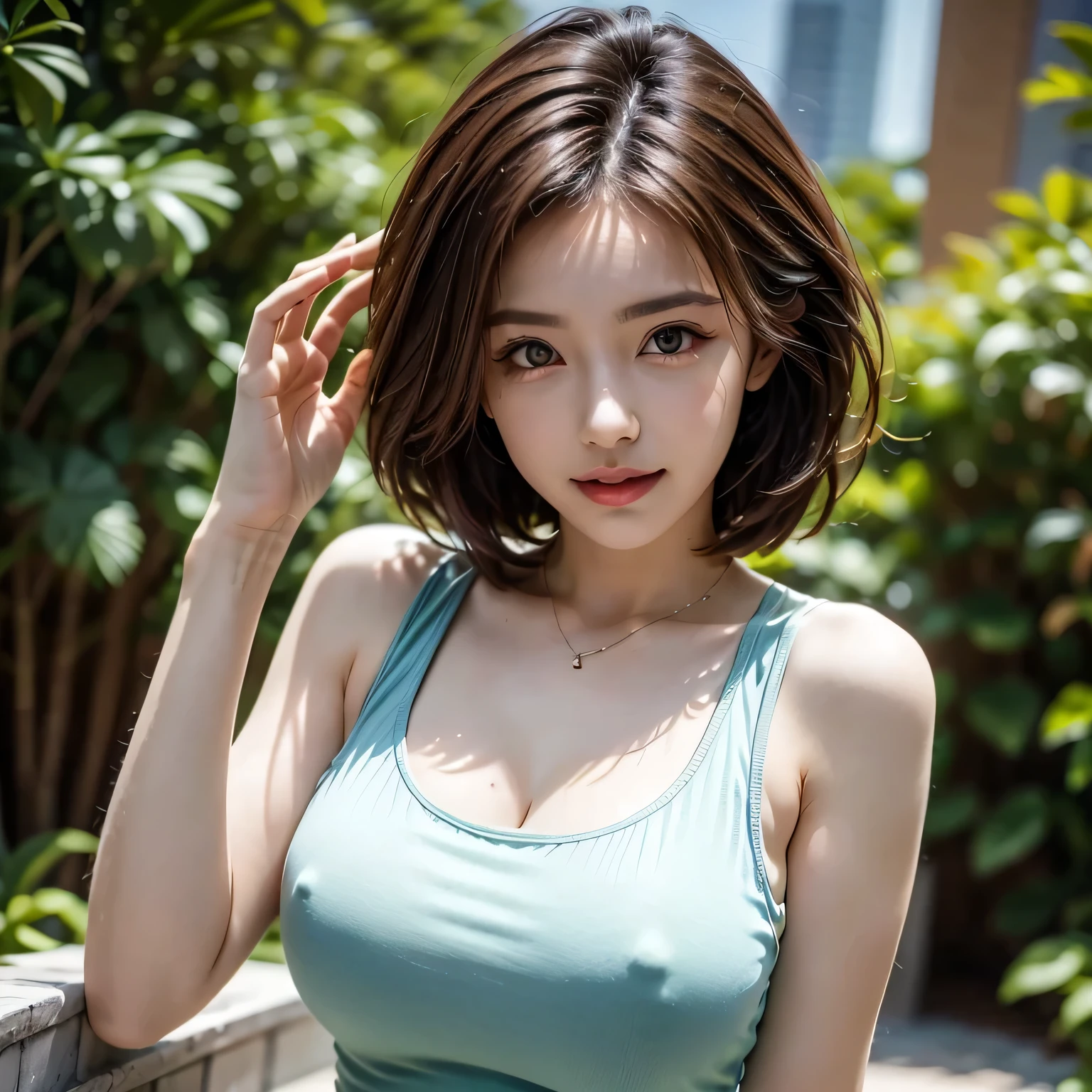 (8k, RAW Photos, highest quality, masterpiece, Realistic, Realistic), (1 female), (Ultimate beauty), Highly detailed face, (Perfect Teeth), Beautiful Eyes, double eyelid, eyelash, smile, Lip details, Brunette Bob, The light shines on your face, Big Breasts, ((T-Shirts)), (Upper Body), (background: garden), ((Written boundary depth))