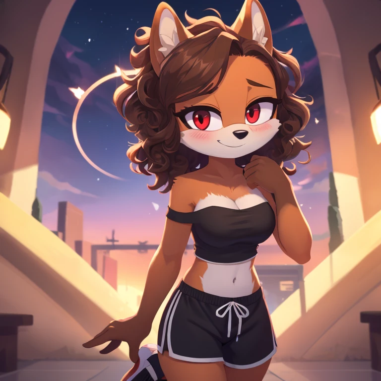 mobian, hedgehog, two-tone fur ((orange fur, brown fur)), pyjama elastic shorts, strapless crop top, cleavage, high-top sneakers, two-tone hair (brown hair, black tip)), curly hair, halo, sunglasses, jewelry, red eyes, longeyelashes, red eyes, smile, shy, blush, high detail, masterpiece, UHD, anatomically correct, super detail, highres, 4K