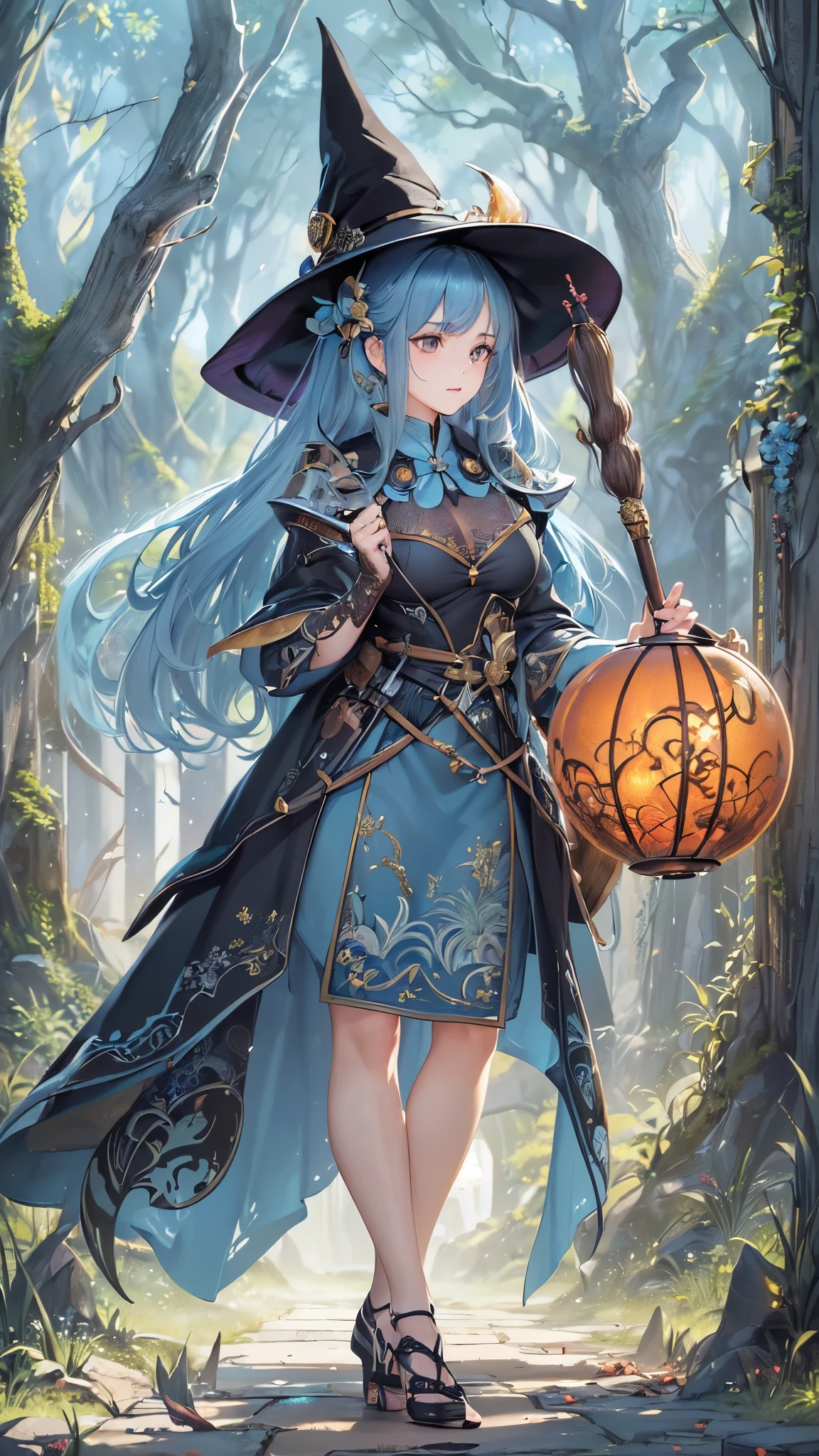 ((highest quality)),(Ultra-high resolution),(Very detailed),(Detailed Description),((The best CG)),(A masterpiece),Ultra-detailed art,Amazing drawing art,(Fantasy art with intricate detail:1.5), ((Two women standing back to back:1.5)), (witch:1.5),(Beautiful and well-proportioned face:1.3),(Shiny black hair:1.3),(緻密で詳細に描写されたwitchのローブ:1.4),(Floating fireball:1.6),(Confident々:1.2), (female knight:1.5),(Beautiful and well-proportioned face:1.3),(Light blue hair:1.3),(Intricately detailed armor:1.4),(Expressionless 1.2)