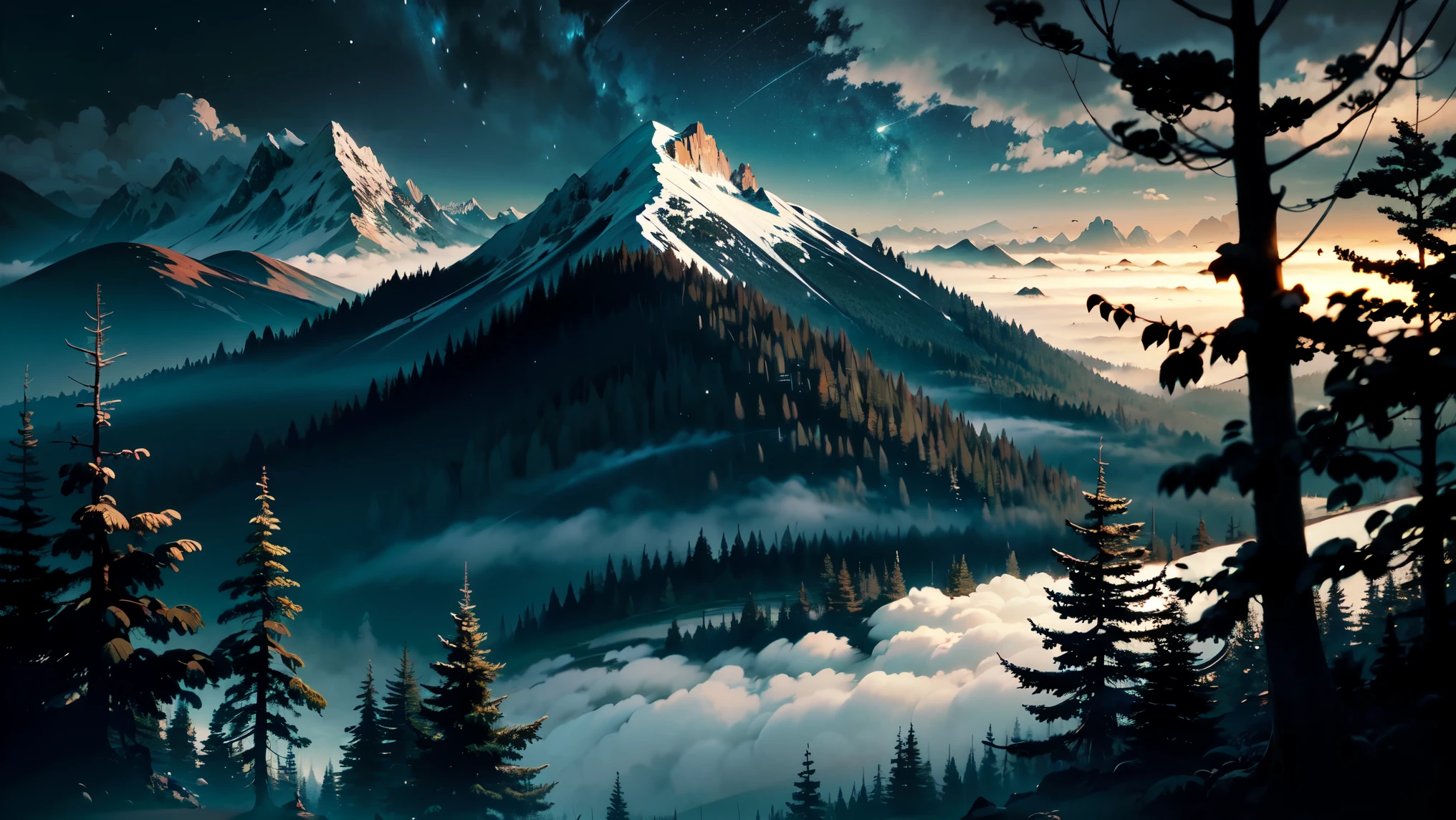 (Masterpiece), (Best Quality), (Super Detailed), (anime style), Dense dark forest, big mountain, mountain forests, coniferous trees, many cobwebs, very dark, dark sky, night, fog, the viewer looks down from behind a branch, little spiders and lots of webs