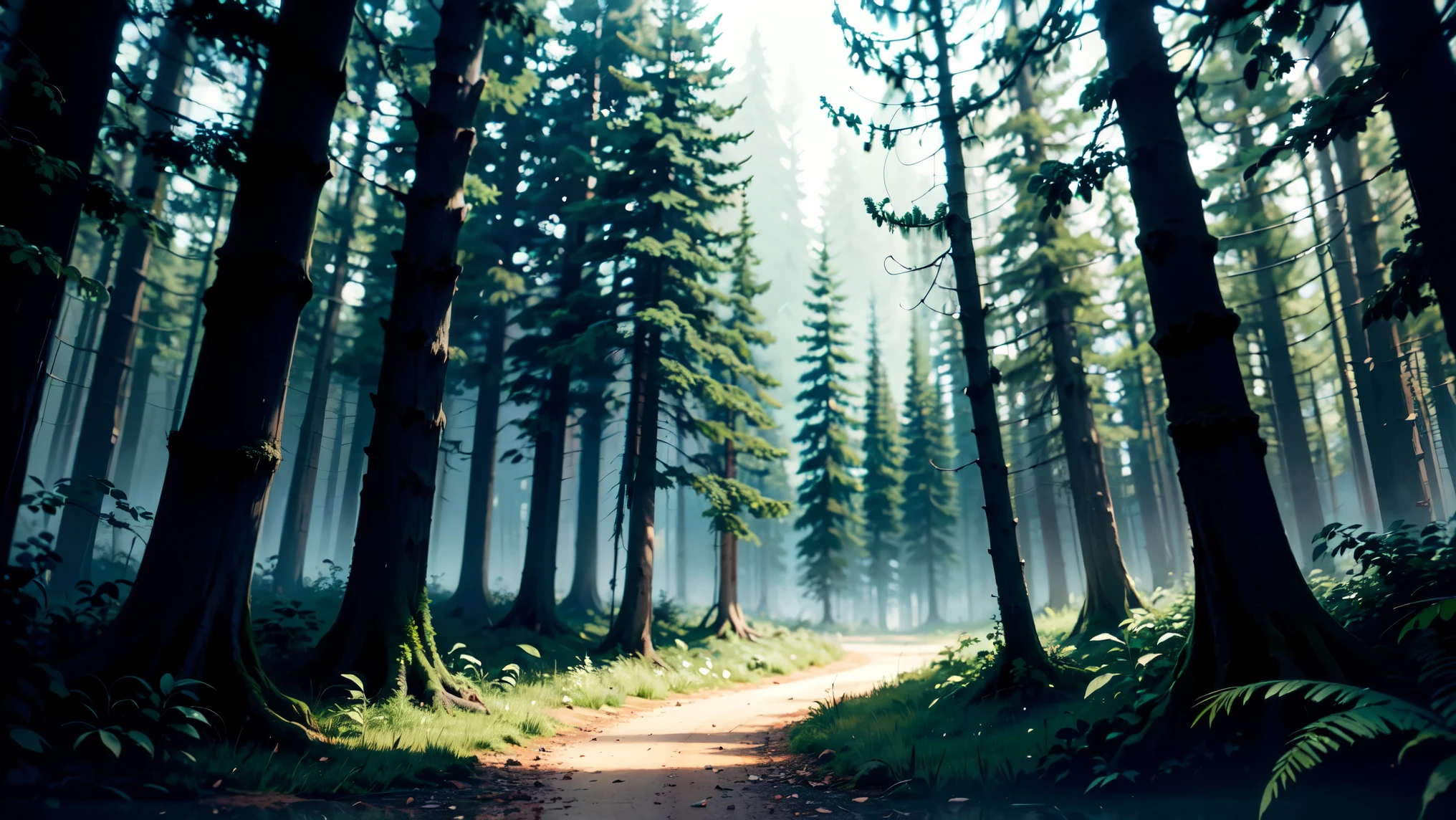 (Masterpiece), (Best Quality), (Super Detailed), (anime style), Dense dark forest, coniferous trees, many cobwebs, very dark, dark sky, night, fog, the viewer looks down from behind a branch, little spiders and lots of webs