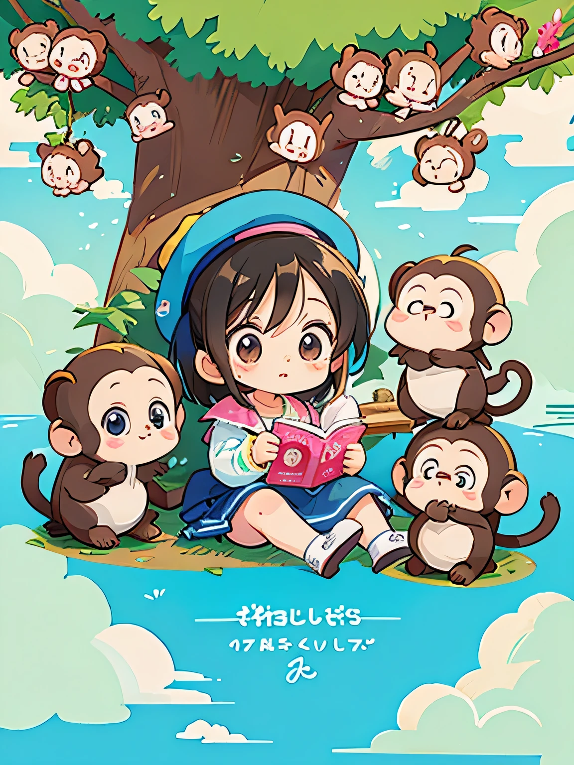Ai Yazawa style, Kawaii Design, Chibi girl monkey, monkey Forest, Above the Clouds