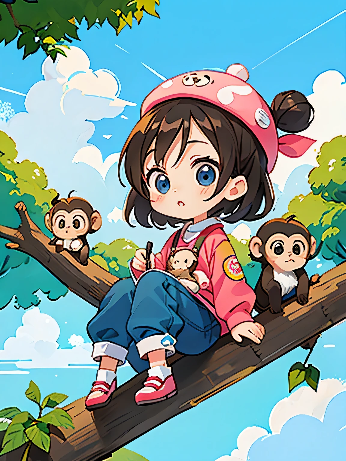 Ai Yazawa style, Kawaii Design, Chibi girl monkey, monkey Forest, Above the Clouds