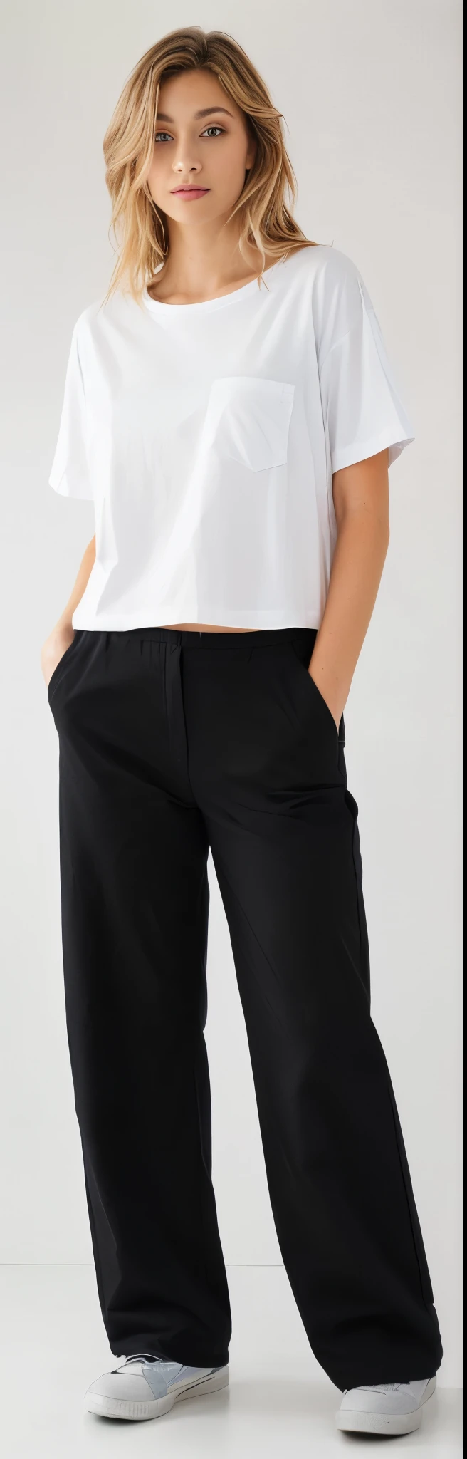 a woman in a white shirt and black pants posing for a picture, black pants, black pants, matte black pants, Loose pants, baggy black pants, big pants, black suit pants, com dois bolsos frontais, wearing pants and t-shirt, manga larga cropped, Swollen short pants, perto de um magro, imagem detalhada do produto, with hands in pockets