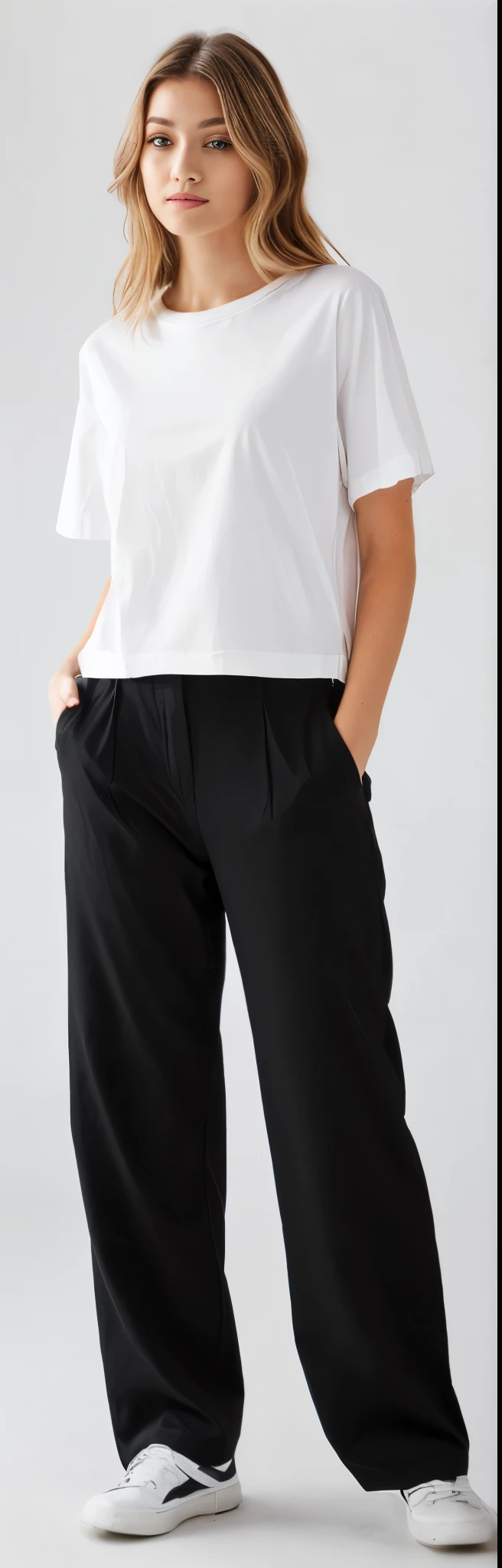 a woman in a white shirt and black pants posing for a picture, black pants, black pants, matte black pants, Loose pants, baggy black pants, big pants, black suit pants, com dois bolsos frontais, wearing pants and t-shirt, manga larga cropped, Swollen short pants, perto de um magro, imagem detalhada do produto, with hands in pockets