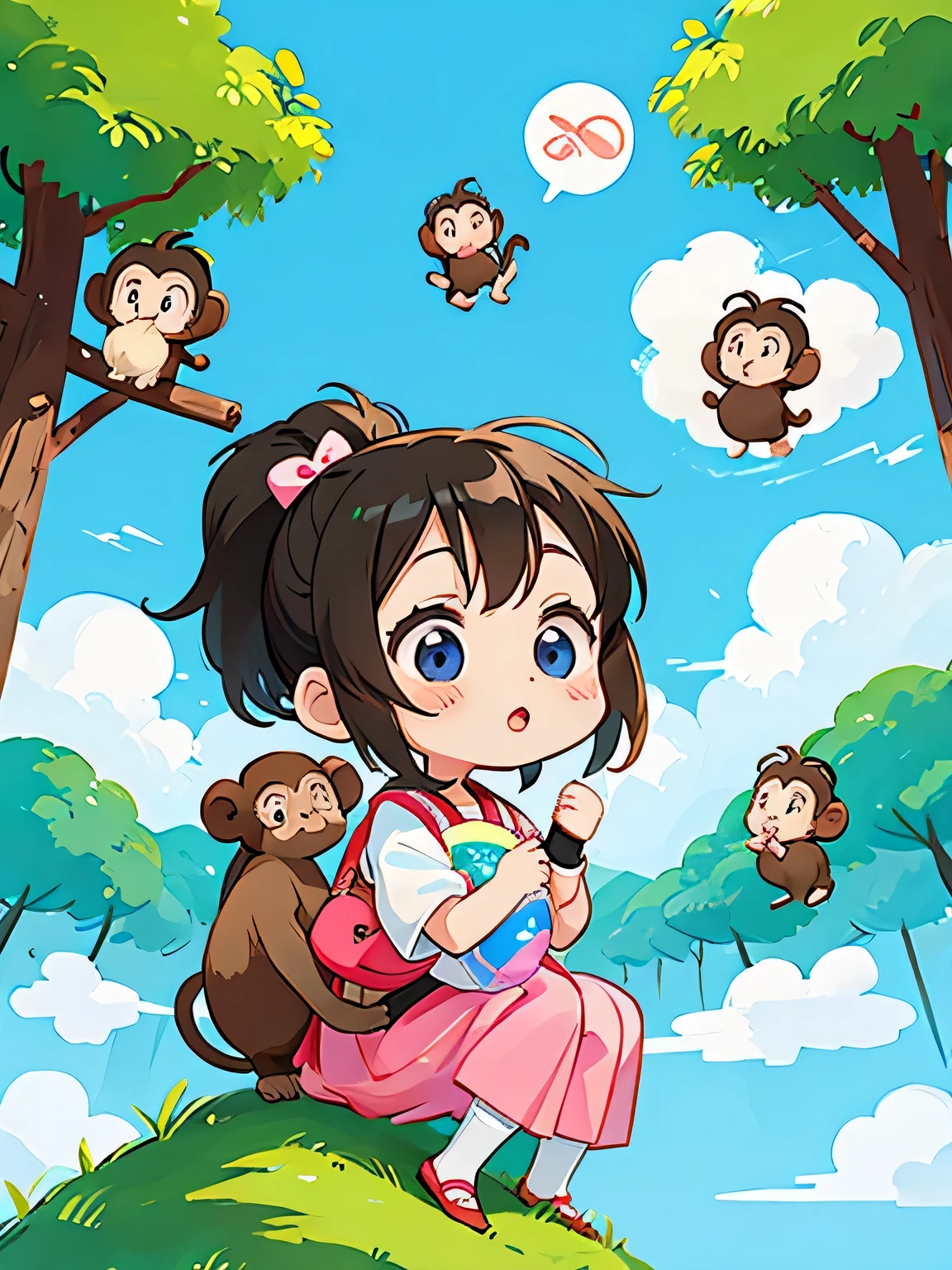 Ai Yazawa style, Kawaii Design, Chibi girl monkey, monkey Forest, Above the Clouds
