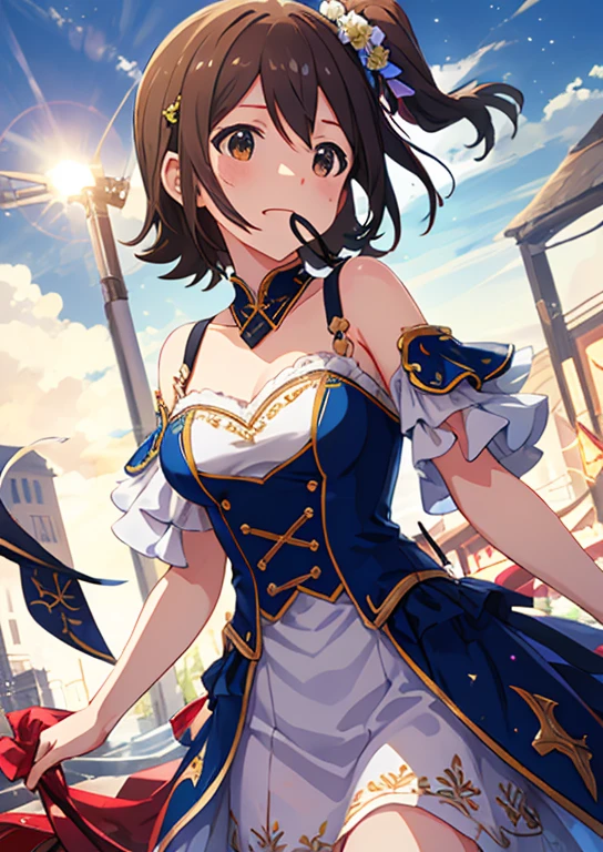 Mirai Kasuga, (highest quality, 8k, masterpiece, Very detailed:1.2), (Lens flare, Particles of light, Shine), Big Breasts, smile, Open your mouth, masterpiece, highest quality, Very detailed, High resolution, Very detailedなCG, (Official Art), Off the shoulder, Silk dress, Seductive attire, (Embarrassing:1.1), (blush:1.2), Open your mouth, (shout:1.1), (Moving lines:1.1), blue sky, town,Cowboy Shot