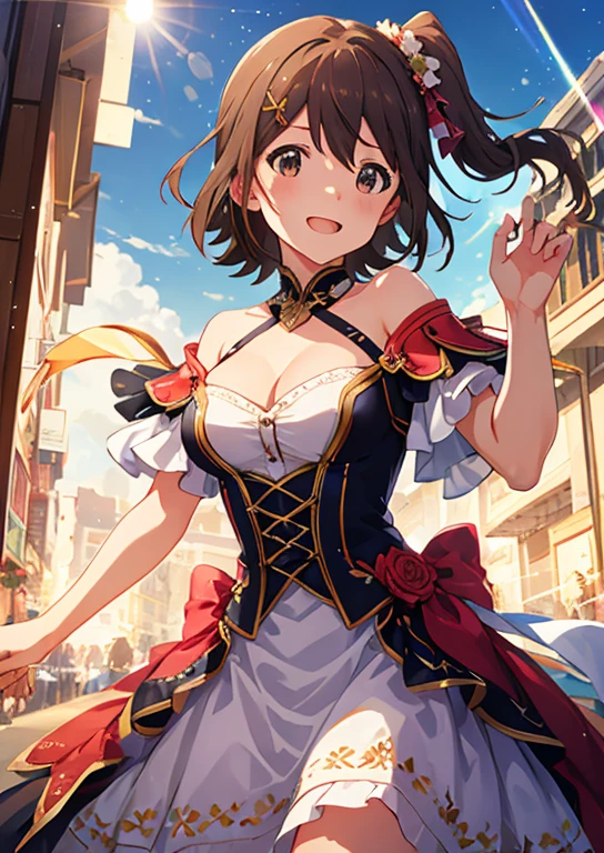 Mirai Kasuga, (highest quality, 8k, masterpiece, Very detailed:1.2), (Lens flare, Particles of light, Shine), Big Breasts, smile, Open your mouth, masterpiece, highest quality, Very detailed, High resolution, Very detailedなCG, (Official Art), Off the shoulder, Silk dress, Seductive attire, (Embarrassing:1.1), (blush:1.2), Open your mouth, (shout:1.1), (Moving lines:1.1),  blue sky, town,Cowboy Shot